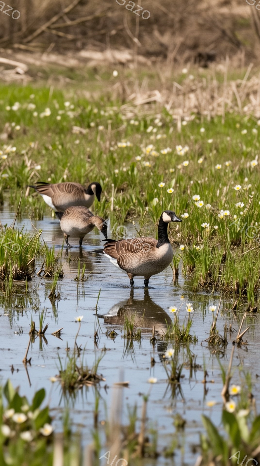 白い花が咲き乱れる浅い水辺で、3羽のカナダガチョウが水の中を歩いています。水面にはガチョウの姿が映り込み、穏やかな春の日の光景が広がっています。緑色の植物と青空が、のどかな雰囲気を演出しています。 - AI生成フリー素材