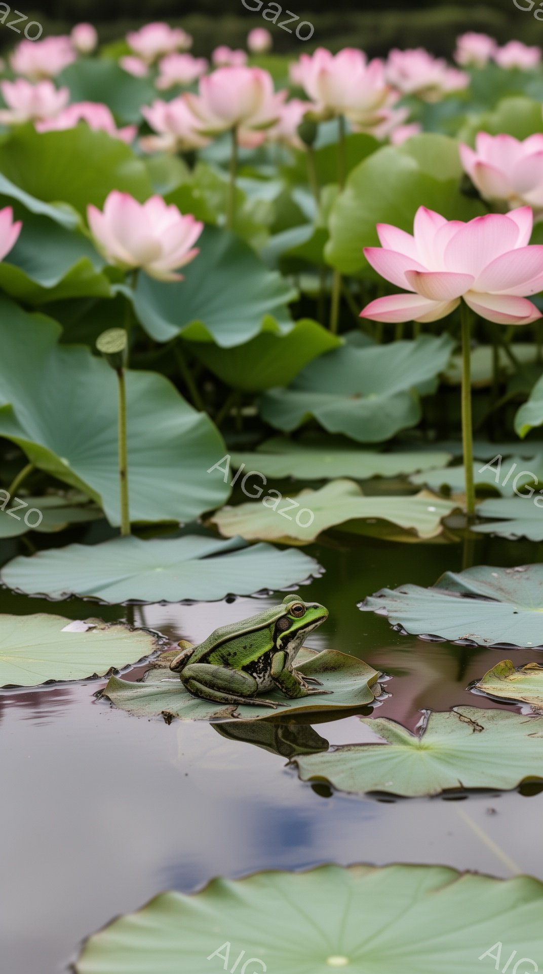 緑豊かな睡蓮の葉の上にカエルが座っています。ピンク色の美しい蓮の花が背景にあり、水面に反射して穏やかな雰囲気を醸し出しています。自然光が柔らかく、静寂な夏の日の光景です。