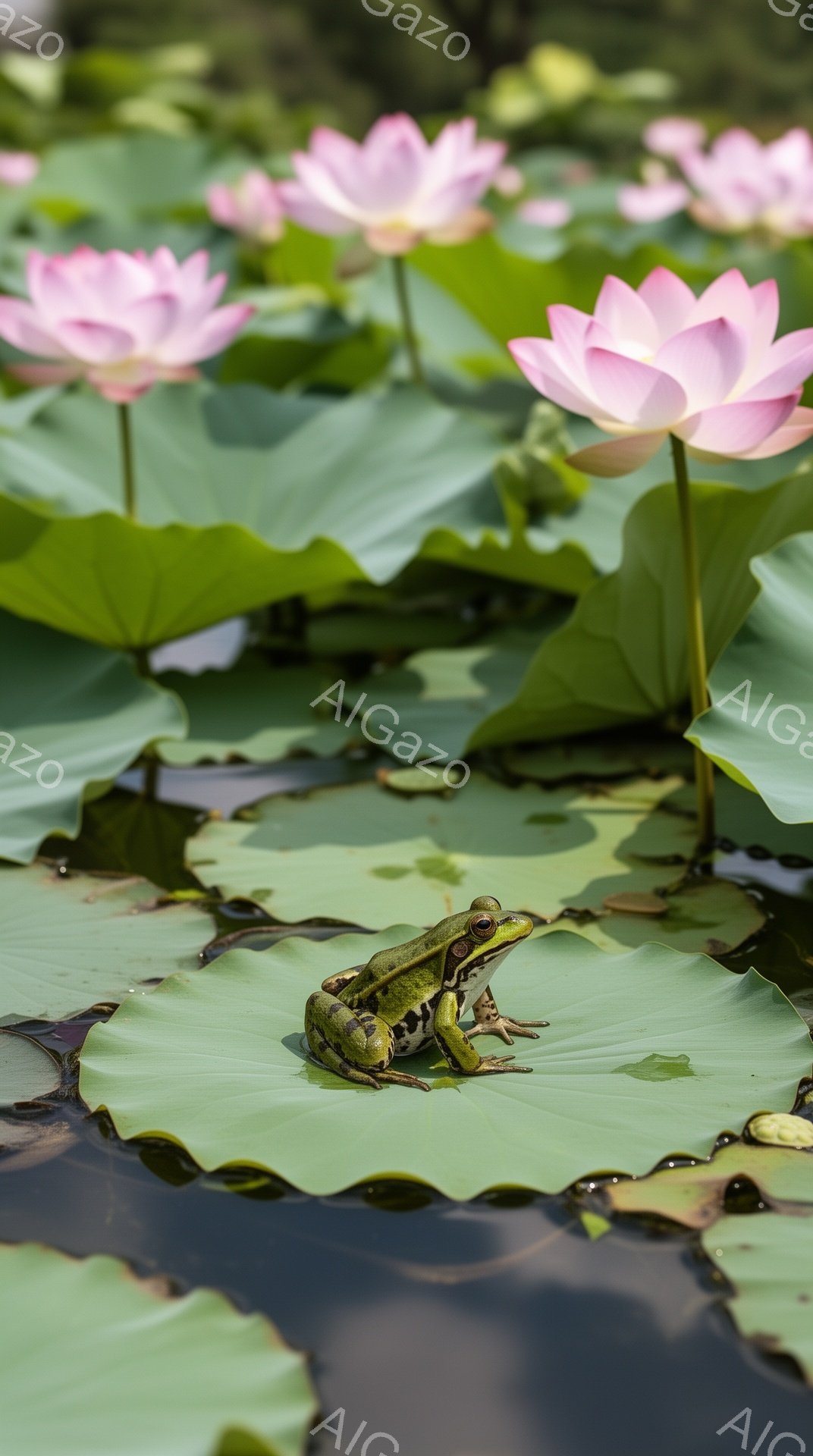 鮮やかなピンクの蓮の花が咲き誇る水面に、緑色のカエルが蓮の葉の上で静かに佇んでいます。カエルのつぶらな瞳がこちらを見つめており、周囲の穏やかな水面と対照的です。水辺の自然が感じられる、静かで美しい情景です。