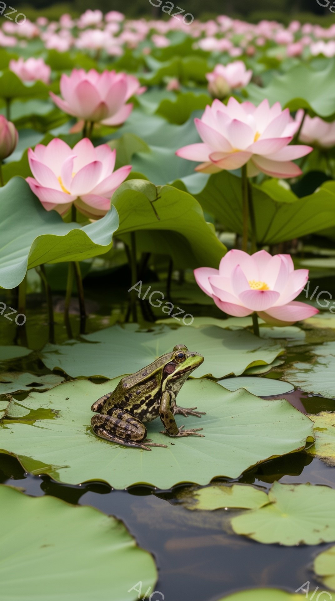 緑の蓮の葉の上に一匹のカエルが座っています。周りにはピンク色の蓮の花が咲き乱れ、水面が穏やかに広がっています。夏の日差しの中で、静かで平和な光景です。