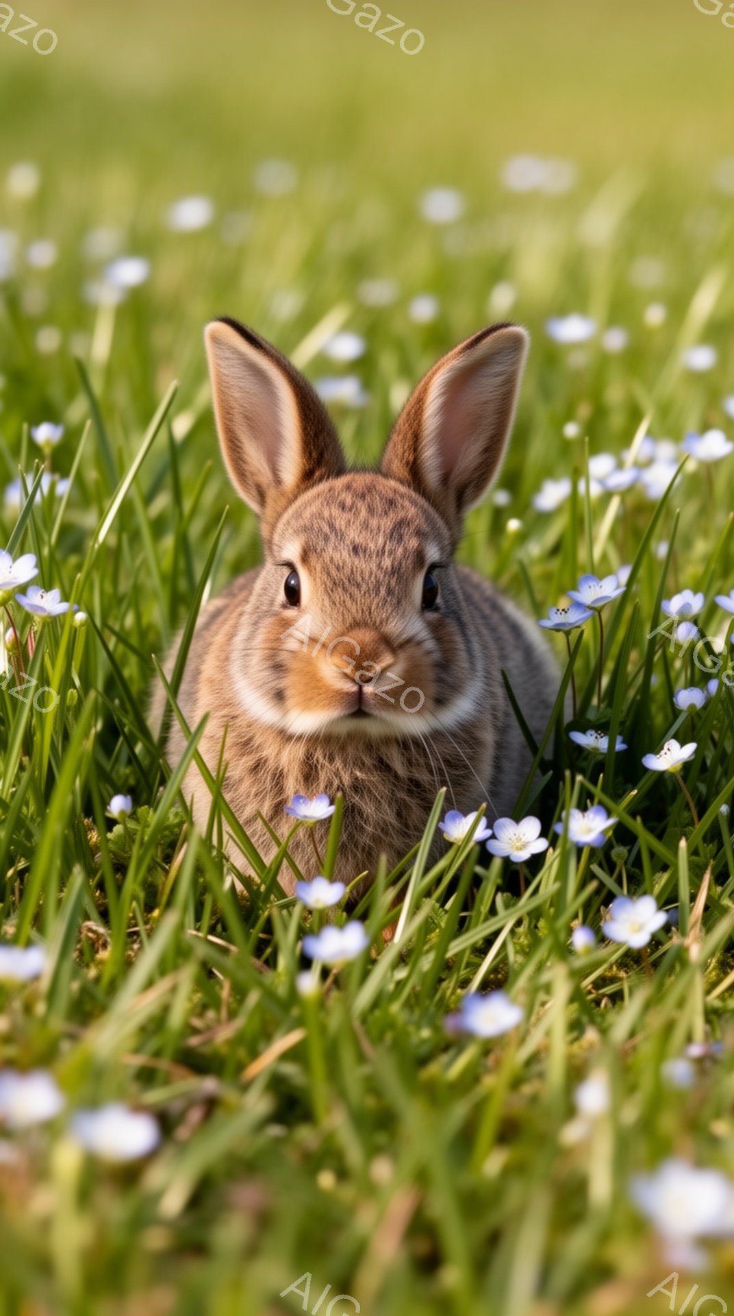 緑の草の上で、かわいらしい茶色のウサギがこちらを見つめています。鮮やかな緑の草と小さな青い花が、ウサギの愛らしい姿を際立たせています。穏やかで平和な雰囲気を感じさせます。