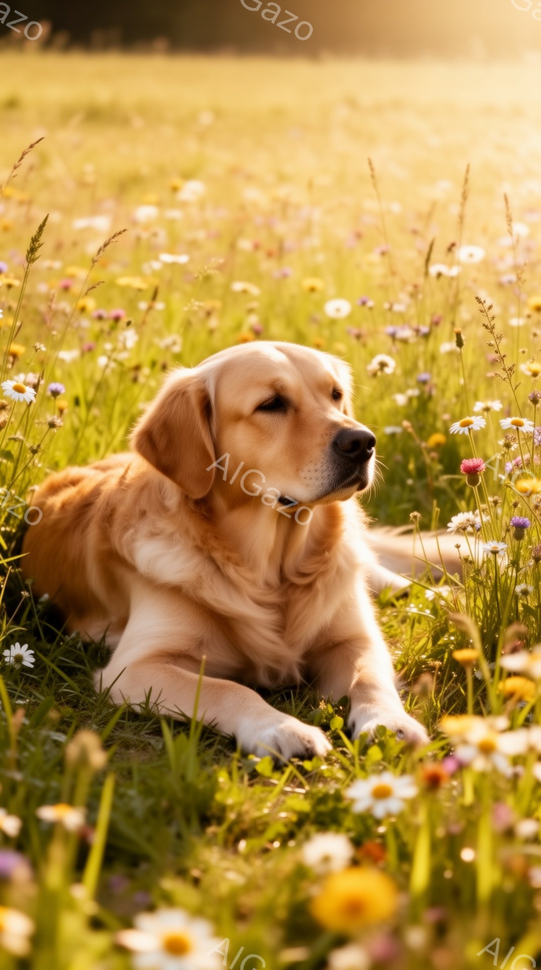広大な花畑にゴールデンレトリバーが横たわっています。温かい日差しが犬の毛並みを照らし、穏やかで平和な雰囲気を醸し出しています。鮮やかな花々が背景を彩り、春または夏の日の暖かさを感じさせます。 - AI生成フリー素材