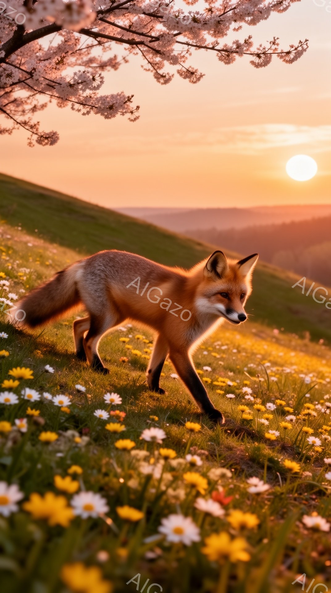 オレンジ色の夕焼けを背景に、キツネが花畑の中を歩いている。その姿はまるで絵画のように美しく、穏やかな雰囲気を醸し出している。桜の花びらが舞い散り、春の暖かさを感じさせる。 - AI生成フリー素材