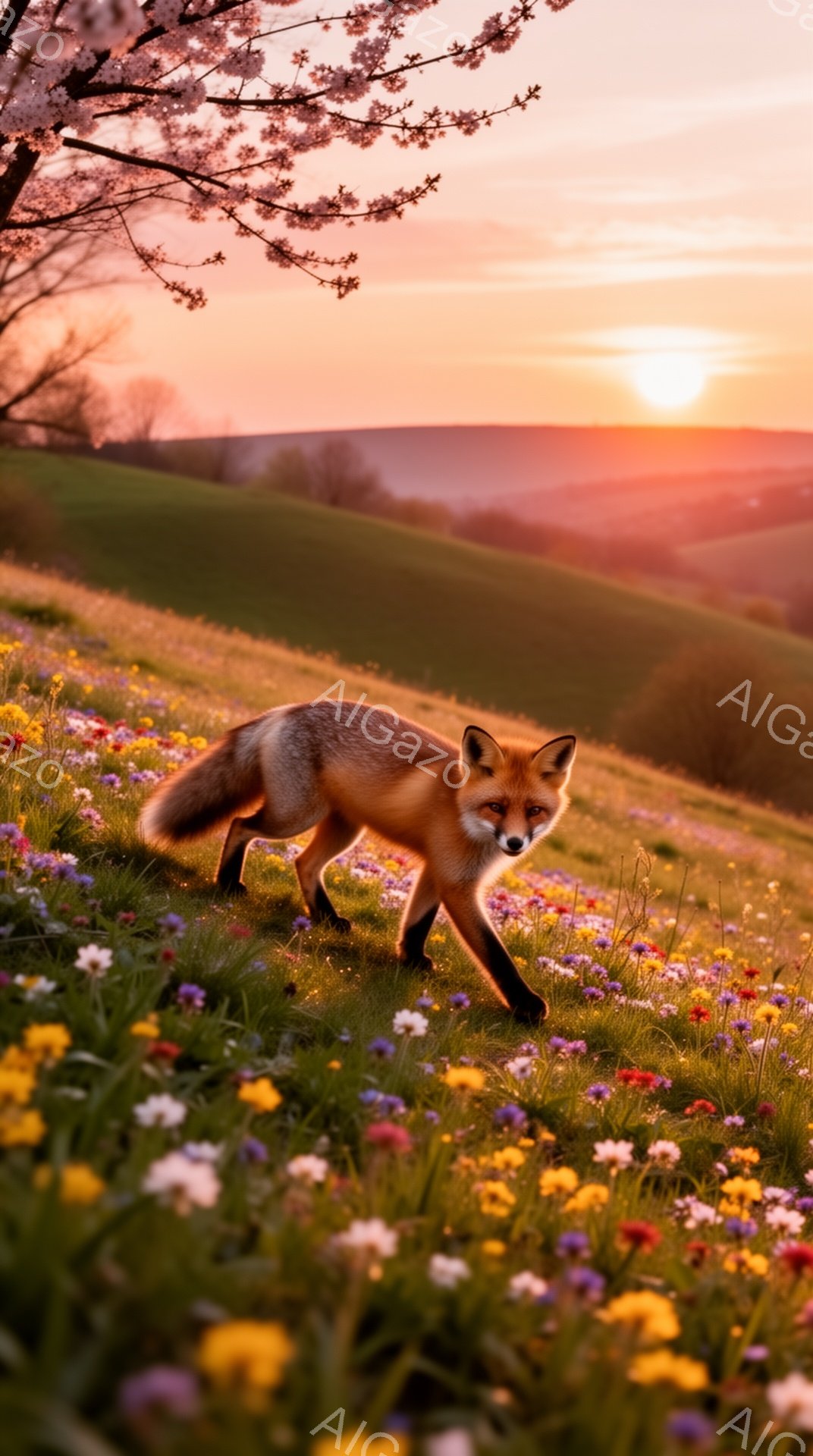 夕暮れ時の花畑を歩くキツネが描かれている。空はオレンジ色に染まり、花々は鮮やかな色彩を放っている。キツネは好奇心旺盛そうに、前方をじっと見つめている。 - AI生成フリー素材