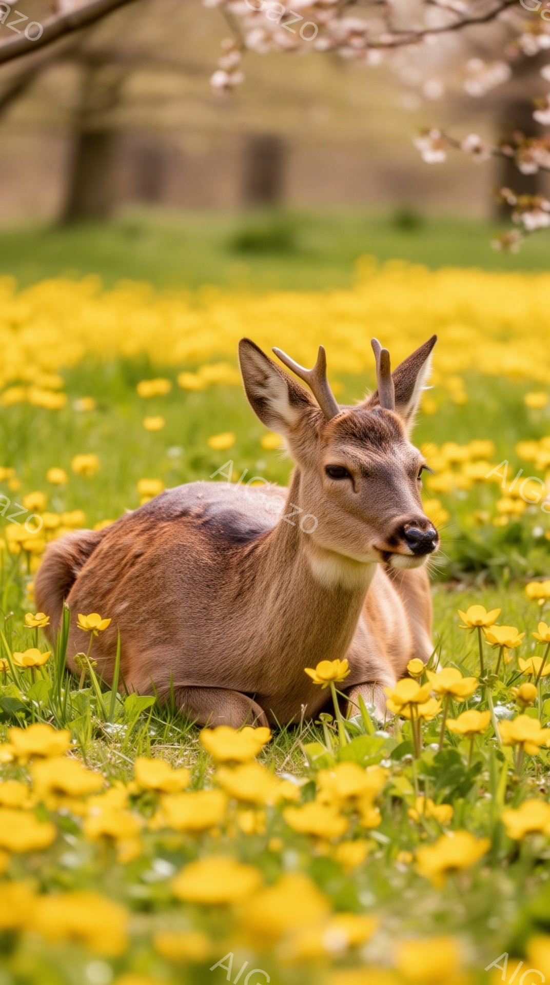 草原で休む若い鹿が写っています。黄色い花が咲き乱れる中で、リラックスした様子で横たわっており、穏やかな春の雰囲気が漂います。緑と黄色が鮮やかで、自然の美しさが際立っています。 - AI生成フリー素材