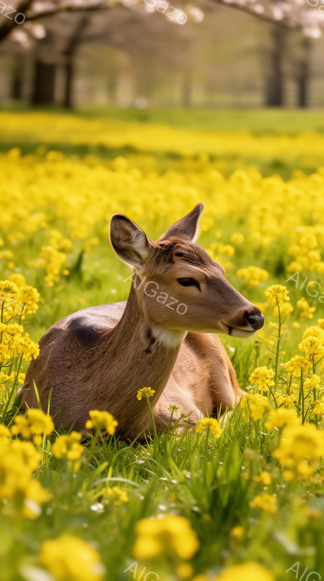 鮮やかな黄色い花畑に鹿が横たわっている。鹿はリラックスした様子で、穏やかな表情をしている。背景にはぼやけた木々が見え、春の暖かい日差しが感じられる。 - AI生成フリー素材