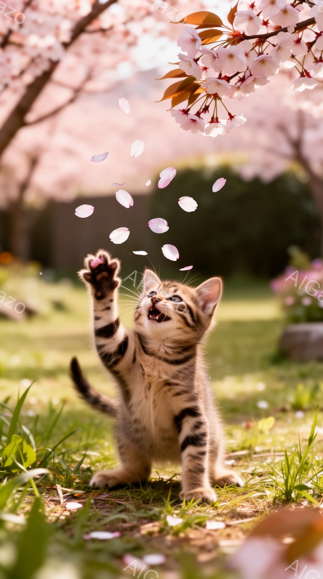 桜の木の下で子猫が花びらを捕まえようとしています。緑の草の上で後ろ足で立ち上がり、前足を伸ばして遊び心いっぱいの表情をしています。背景には、ピンク色の桜の花びらが舞い散り、春の穏やかな雰囲気が伝わって - AI生成フリー素材