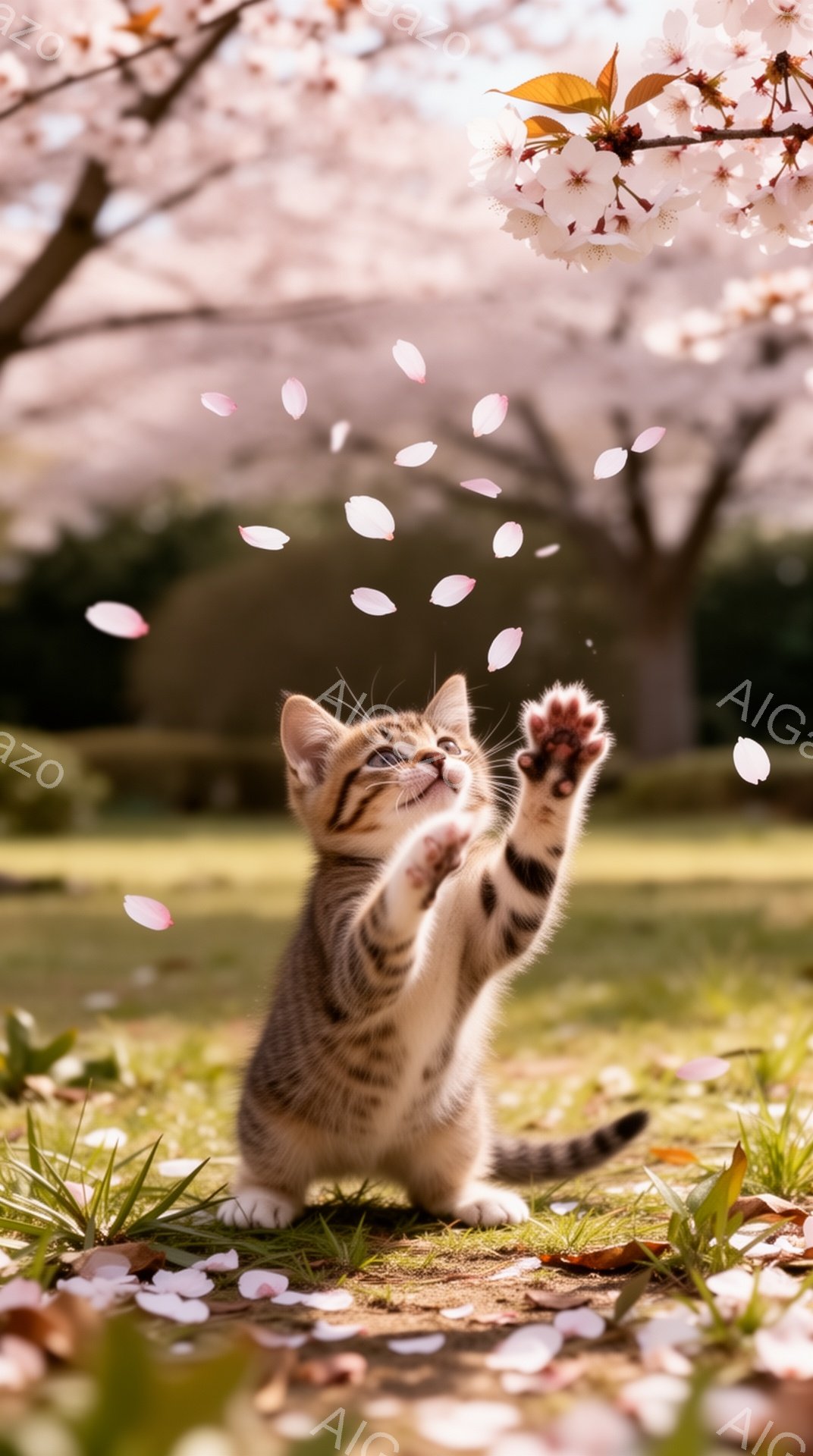 小さな縞模様の子猫が、桜の花びらが舞い散る中で、前足を上げて楽しそうに遊んでいます。緑の草むらと、背景にぼやけた桜の木が春の穏やかな雰囲気を醸し出しています。子猫の無邪気な姿が、ほほえましい光景を作り出しています。