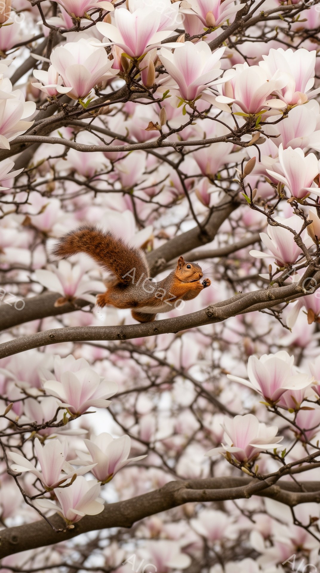 ピンク色の美しい桜の花びらが咲き乱れる中で、リスが枝の上を軽やかに駆け上がっている。毛並みの美しいオレンジ色のリスは、何かを食べるために立ち止まり、真剣な表情を見せている。背景の桜の花々が、春の暖かさ - AI生成フリー素材