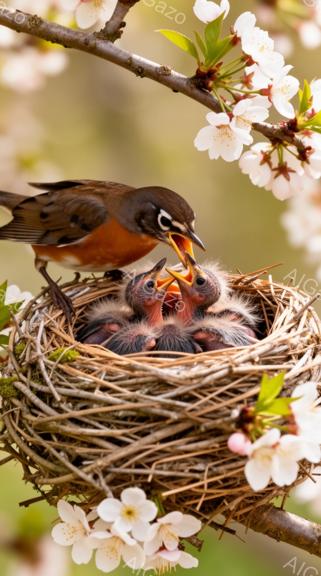 桜の枝に作られた巣の中で、親鳥が口を開けて雛たちに餌を与えている。雛たちは口を大きく開けて、熱心に餌を待っている様子が伺える。背景には桜の花が咲き乱れ、春の暖かな雰囲気が漂う。 - AI生成フリー素材