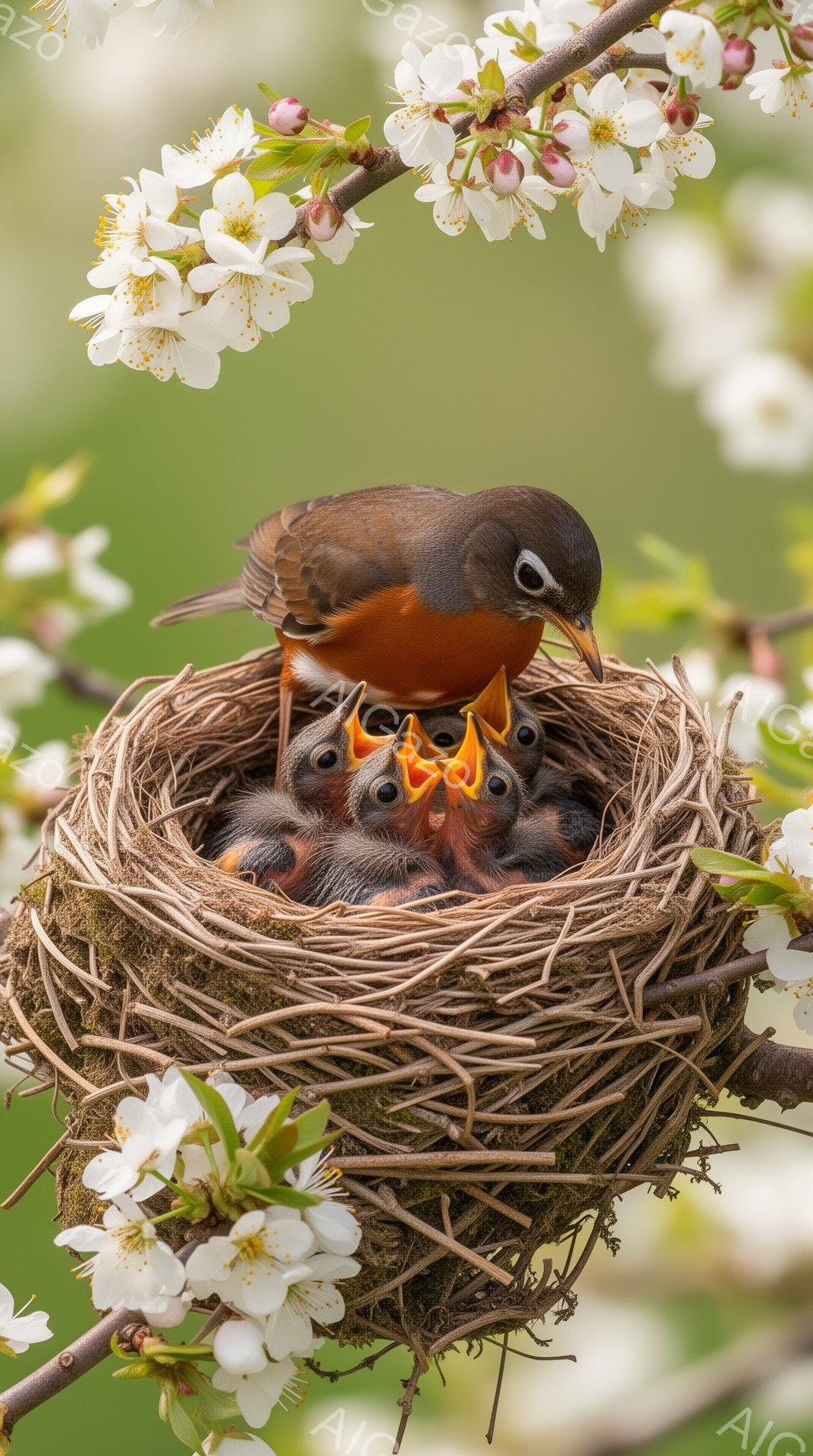 桜の花が咲き誇る枝に、鳥の巣があり、中には親鳥とその雛が寄り添っている。親鳥は口を開けて雛に餌を与えようとしている様子で、雛たちは皆、大きく口を開けて待っている。春の暖かな光が差し込み、生命の息吹を感 - AI生成フリー素材