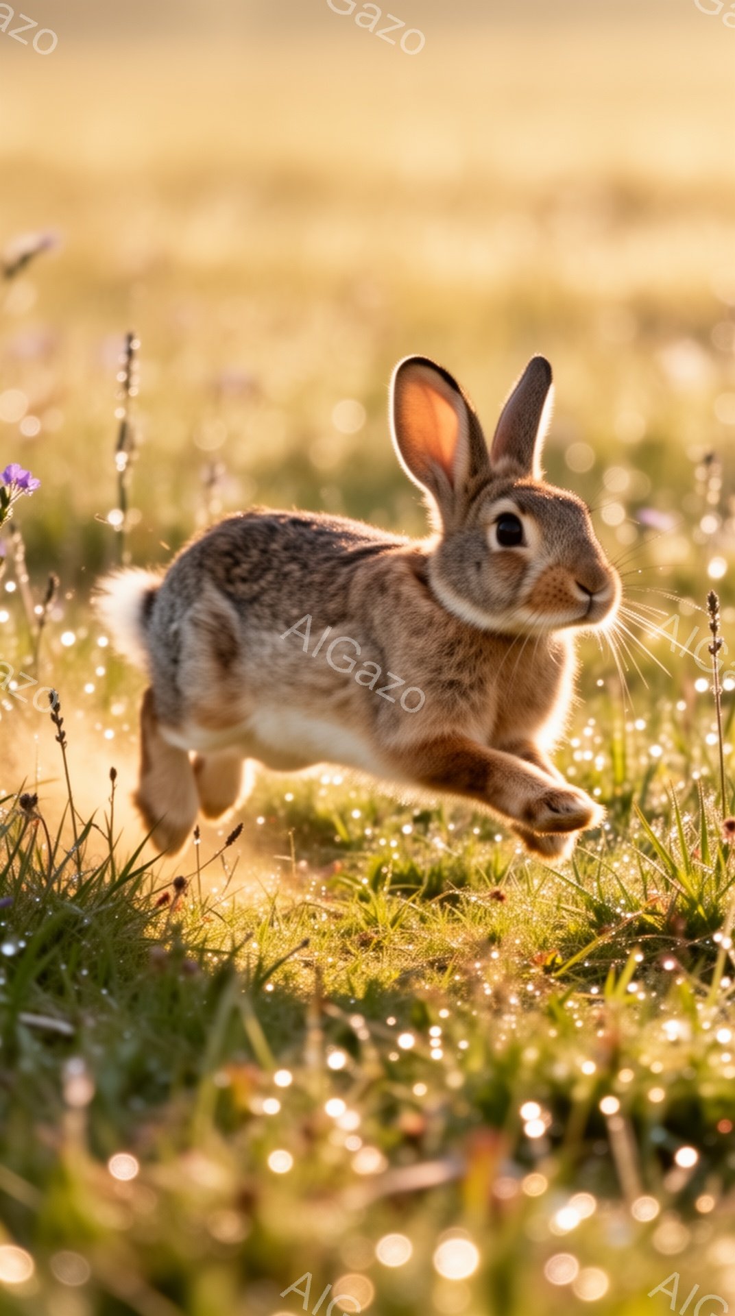 草原を横切って跳ねる茶色のウサギが写っています。朝日が差し込み、黄金色の光の中で植物が輝いています。ウサギの動きと明るい背景が、自然の活気と生命力を感じさせます。 - AI生成フリー素材