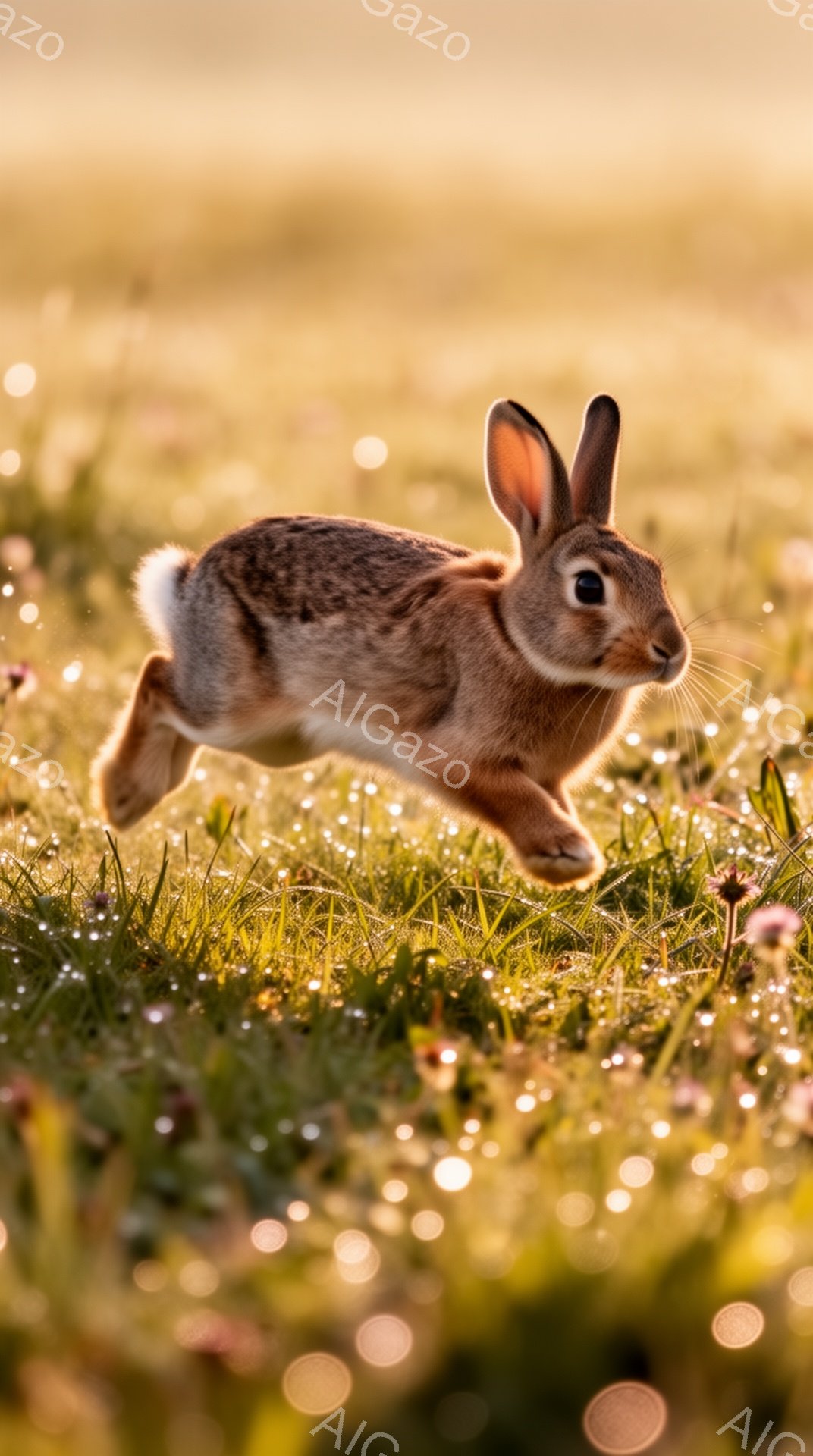 緑豊かな草地を、毛並みの美しい茶色のウサギが飛び跳ねています。光が差し込み、草の上にはキラキラとした輝きが見られます。温かみのある、自然を感じさせる雰囲気です。 - AI生成フリー素材