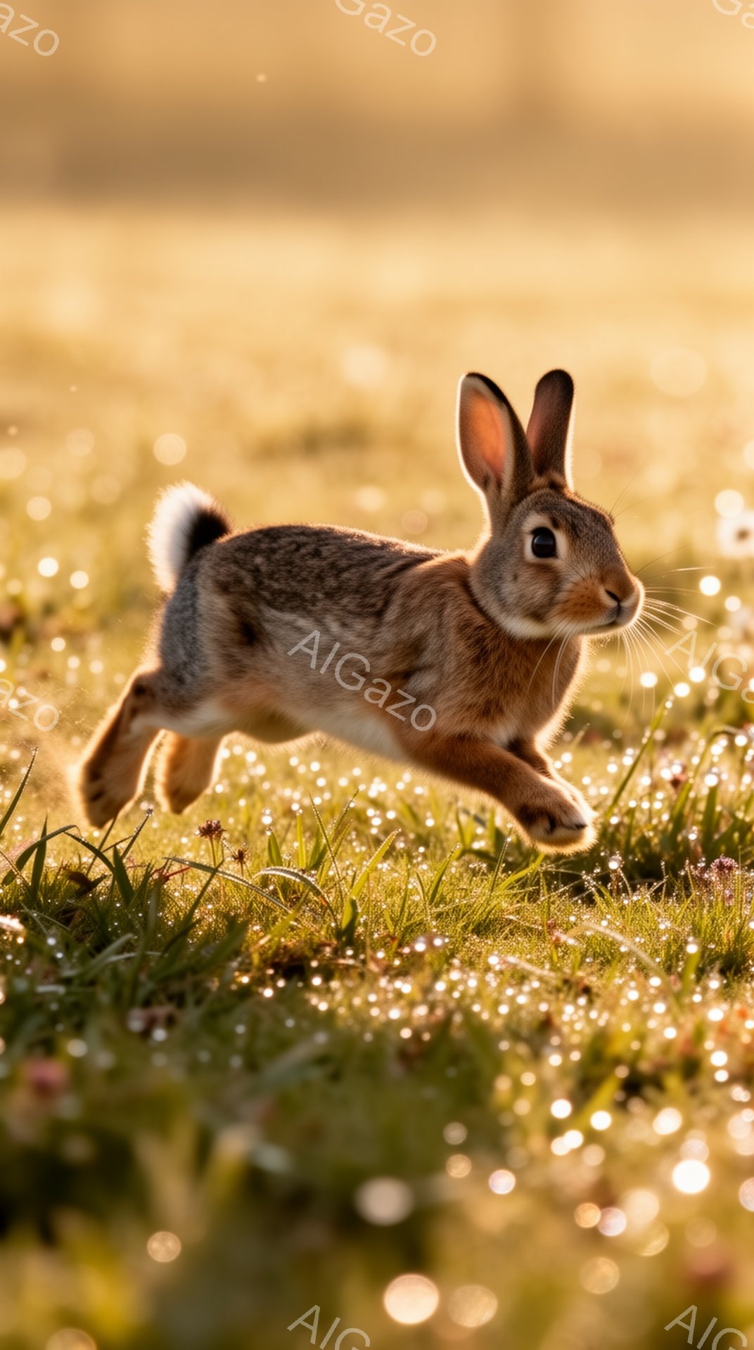 草原を駆け抜けるウサギが写っています。朝日が差し込み、草に朝露が輝き、温かい雰囲気です。ウサギは動きが速く、躍動感があります。