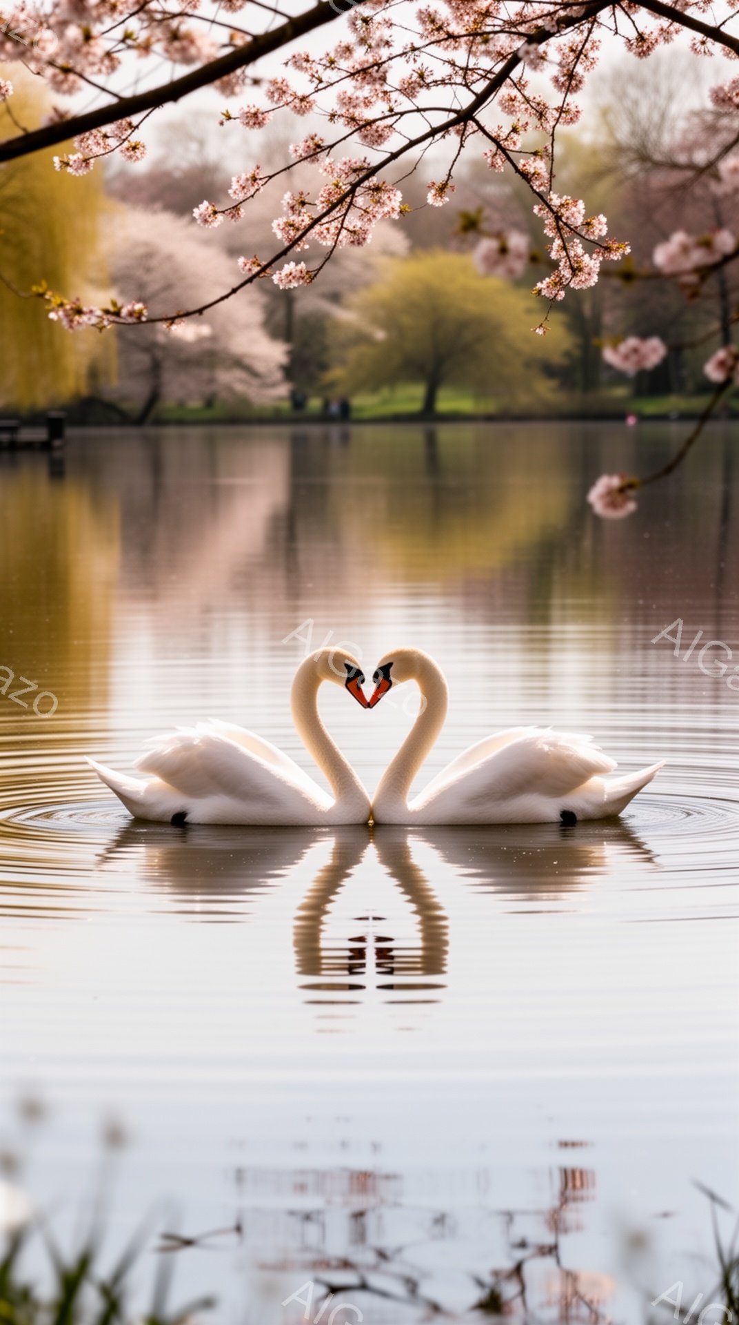 白鳥がハート型を作って水面を泳いでいる様子が捉えられています。背景には桜の花が咲き誇り、春の穏やかな雰囲気を醸し出しています。水面に映る鳥と桜の反射が、美しい情景を作り出しています。 - AI生成フリー素材