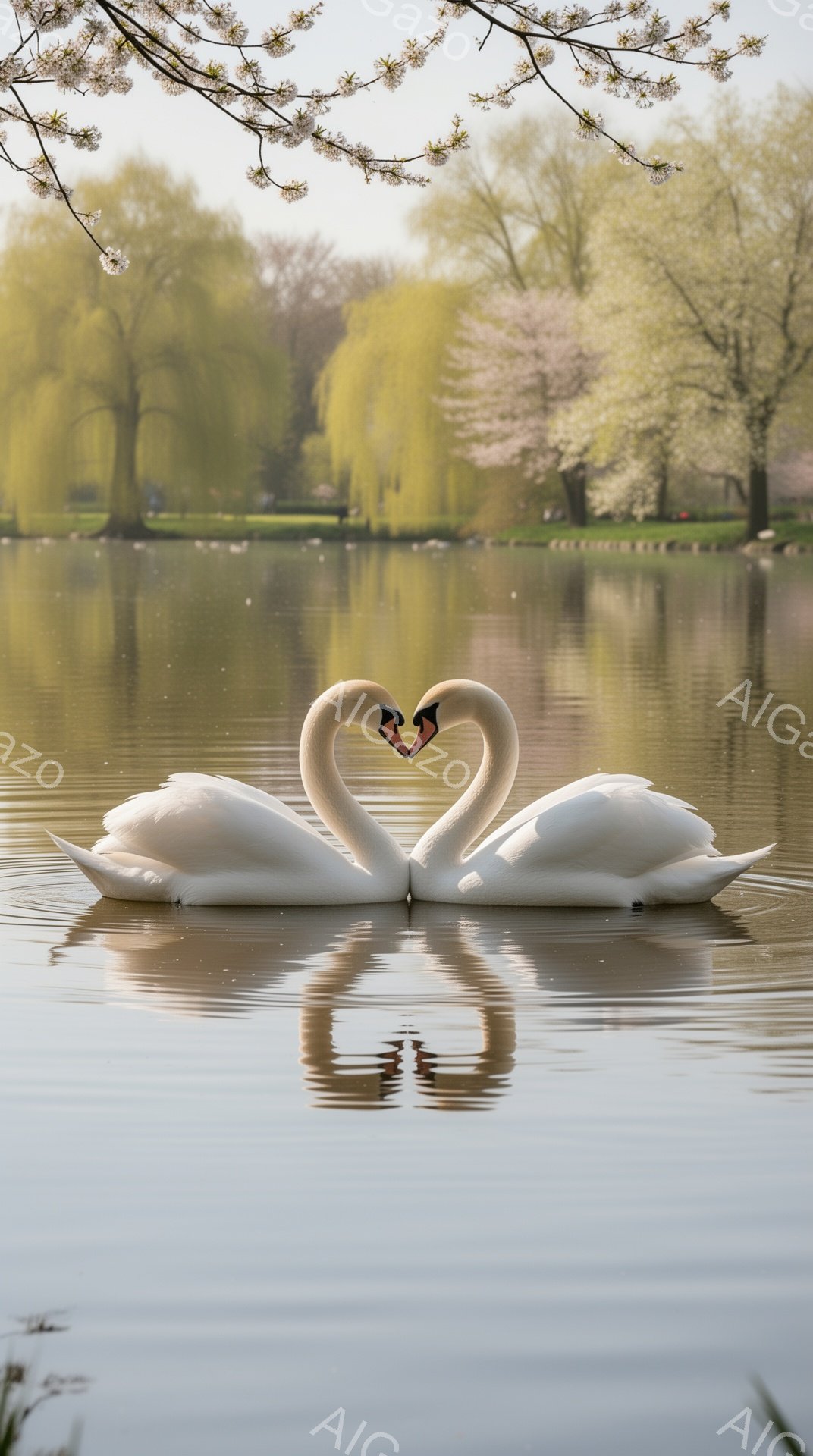 白い白鳥が水面でハート形を作っている美しい光景です。背景には春の緑が広がっており、穏やかでロマンチックな雰囲気が漂っています。水面に映る鳥の姿が、さらに幻想的な印象を与えています。