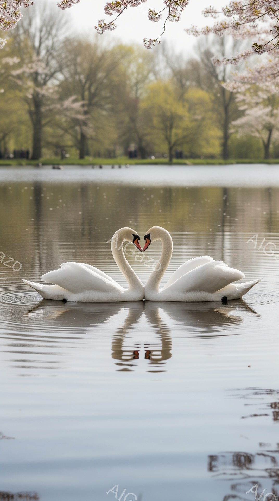 白い白鳥が水面でハート形を作って泳いでいる。背景には緑の木々と桜の花がぼんやりと見え、穏やかな春の雰囲気を醸し出している。水面に映る鳥の影もまた、ロマンチックな光景をより一層引き立てている。 - AI生成フリー素材