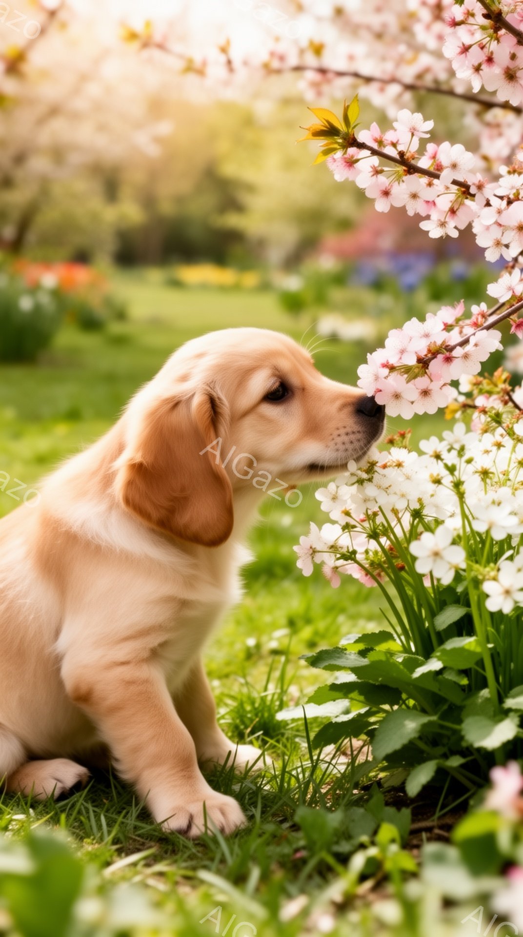 小さなゴールデンレトリバーの子犬が、ピンクと白の花に鼻を近づけています。緑の草の上に座り、花を嗅いでいる様子から、春の穏やかな雰囲気が伝わってきます。背景にはぼやけた花畑と光が差し込み、暖かく優しい印 - AI生成フリー素材