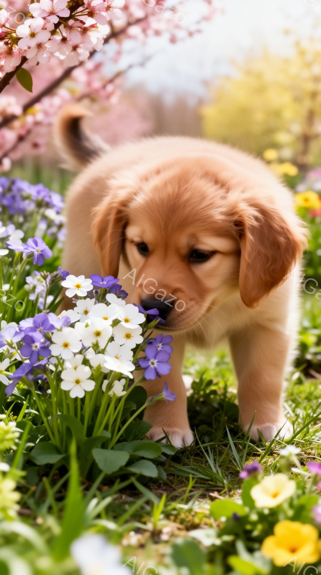 明るい春の日に、小さな子犬が花畑で遊んでいます。オレンジ色の毛並みが可愛らしく、花の間を嬉しそうに歩き回っています。背景には桜の木が見え、穏やかで平和な雰囲気が漂っています。 - AI生成フリー素材