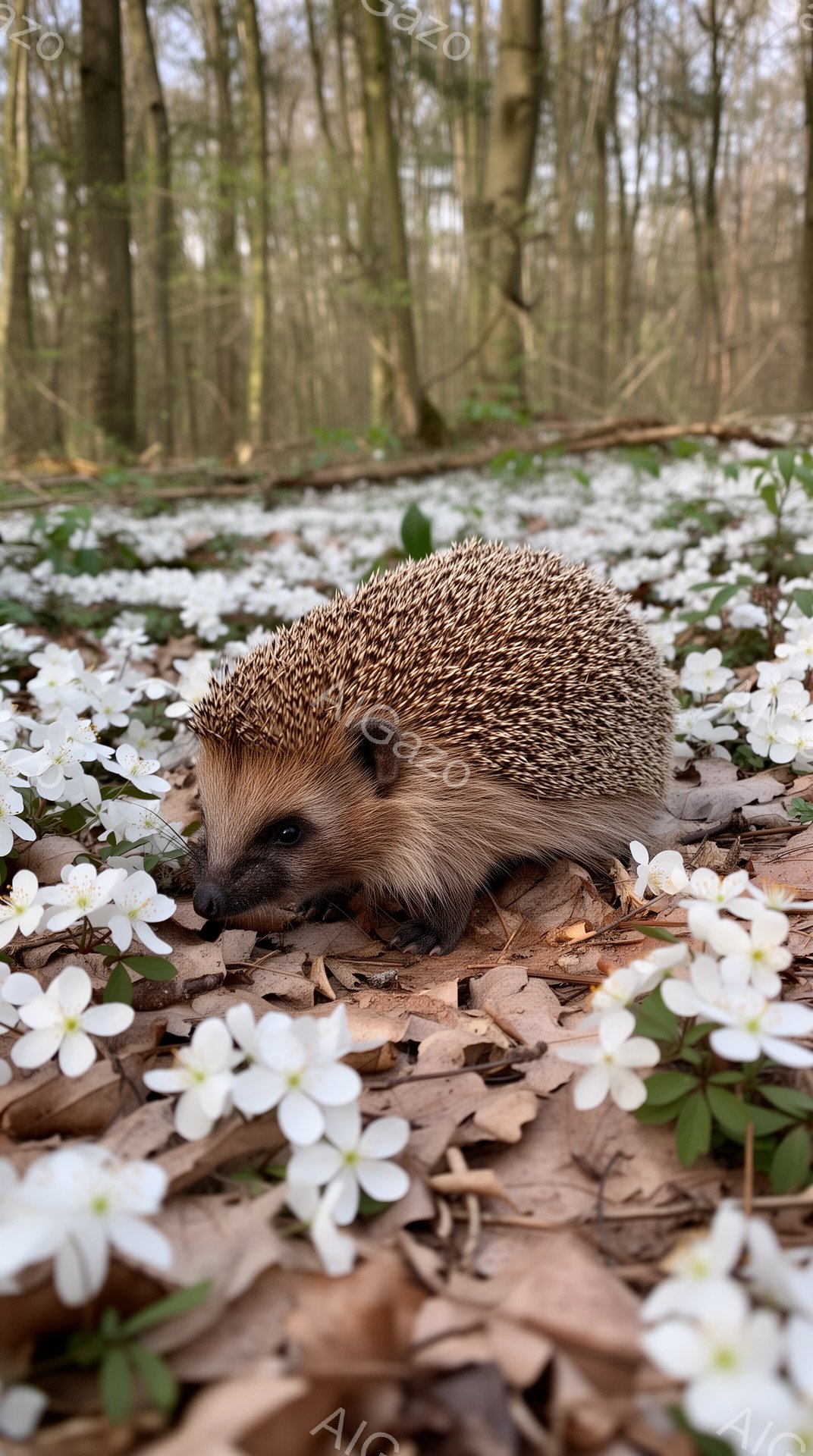画像は、白い花が咲き乱れる森の中で、ハリネズミが花の間を歩いている様子を捉えています。ハリネズミは茶色い毛並みで、小さな体で好奇心旺盛に周囲を見渡しています。春の暖かく穏やかな雰囲気が漂う、可愛らしい - AI生成フリー素材