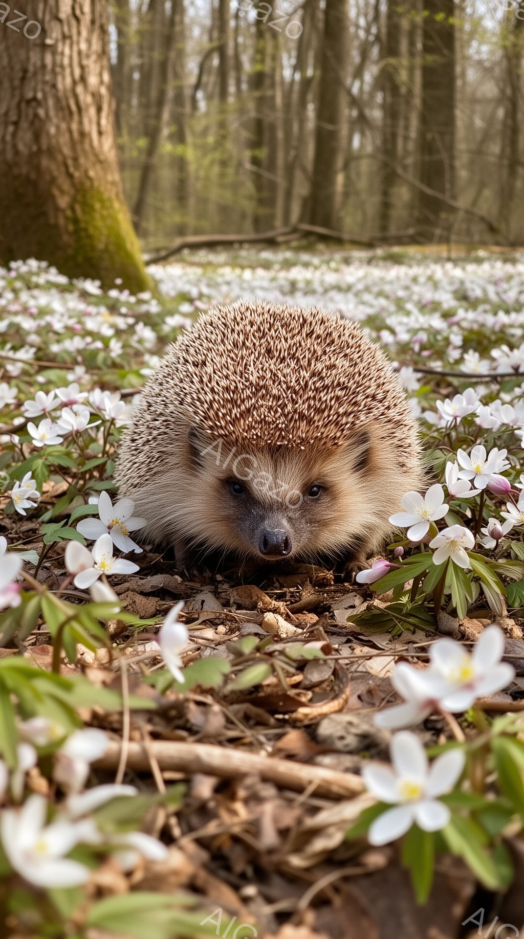 小さなハリネズミが白い花に囲まれた森の中で、顔を覗かせています。周囲は春の訪れを感じさせる白い花で覆われ、暖かく穏やかな雰囲気です。少し不安げな表情で、好奇心旺盛に周囲を見渡しています。 - AI生成フリー素材