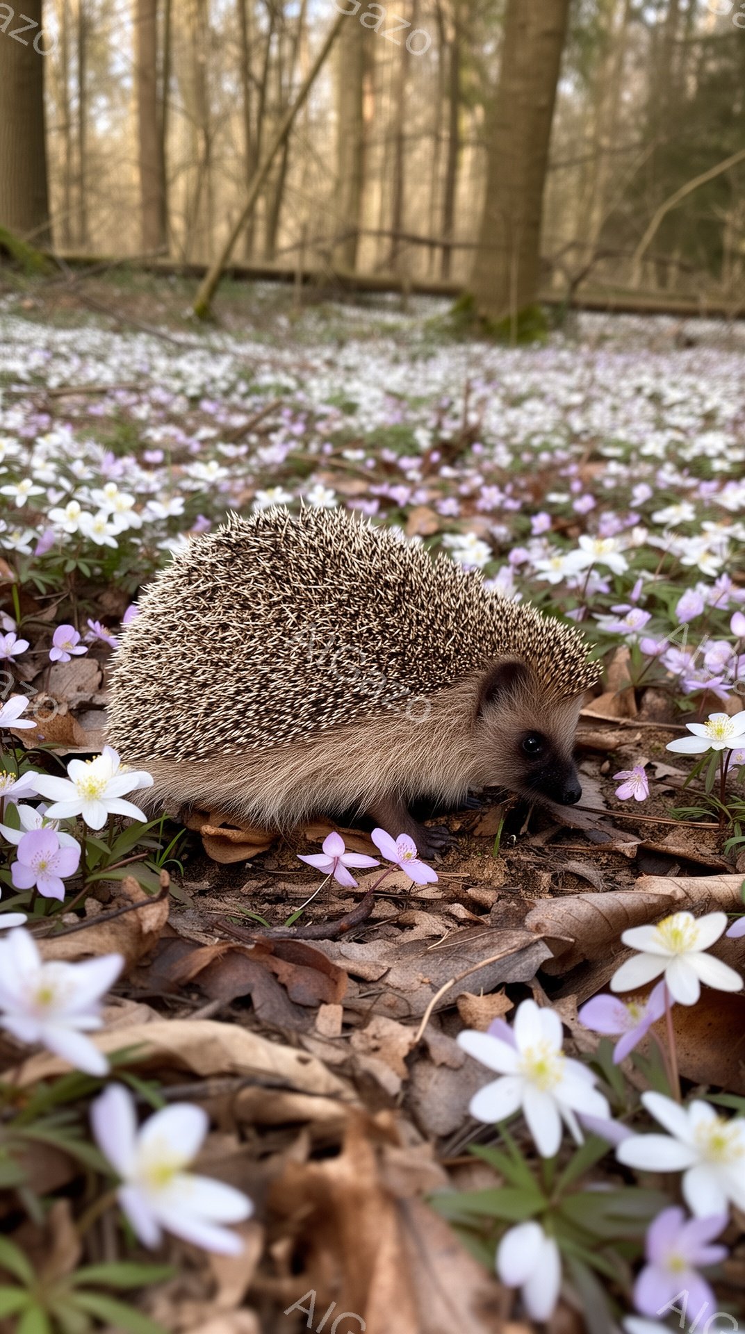可愛らしいハリネズミが、白い花々が咲き乱れる森の中で、地面にうずくまっている。日の光が木々の間から差し込み、暖かく穏やかな春の雰囲気を醸し出している。ハリネズミの毛並みや花びらの繊細さが際立っており、 - AI生成フリー素材