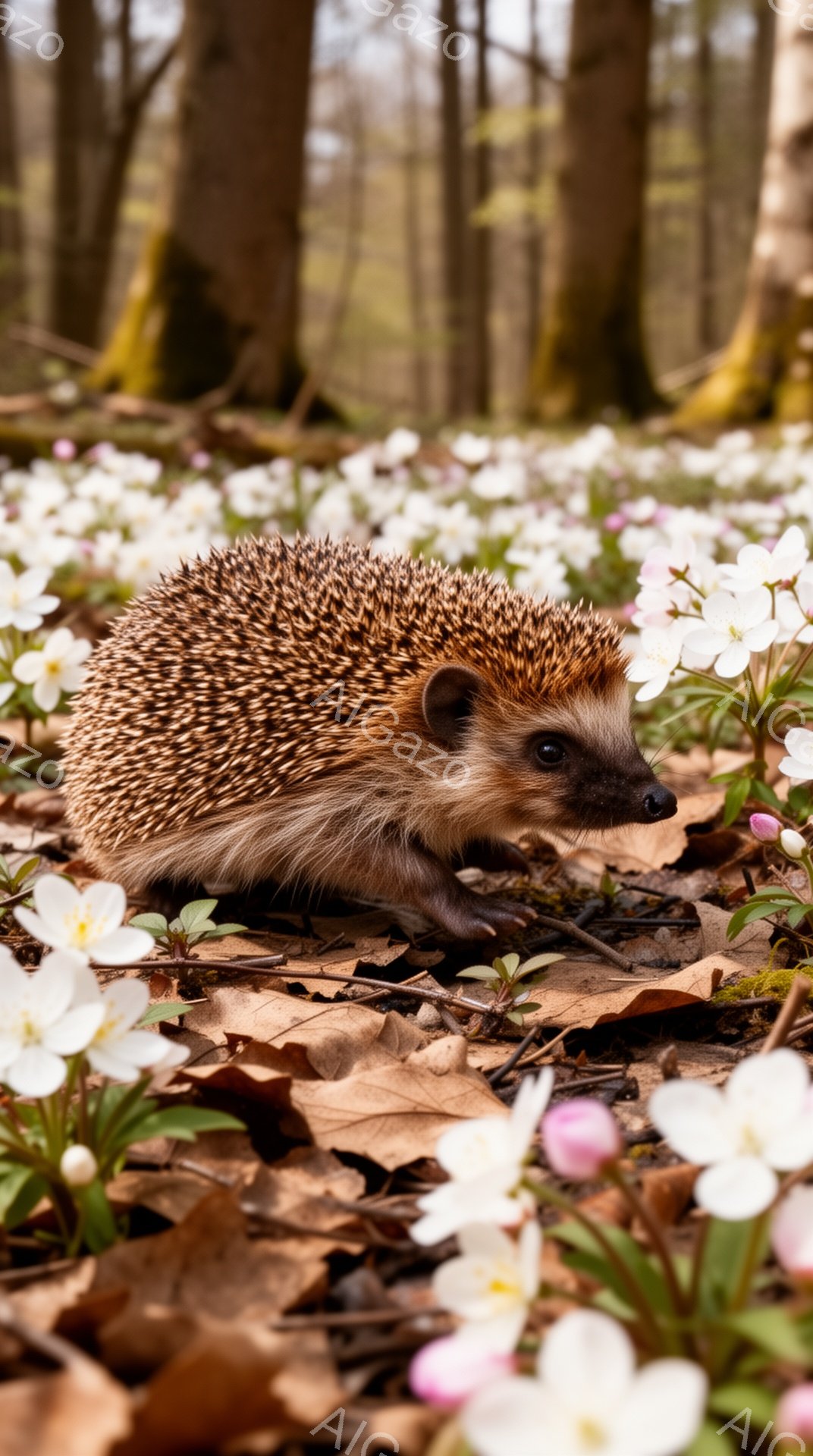 森の床にたくさんの白い花が咲き乱れ、その中に茶色のハリネズミが歩いている。ハリネズミは茶色い葉っぱの上を歩き、その可愛らしい姿は春の訪れを感じさせる。柔らかい光が森を照らし、穏やかな雰囲気を醸し出して - AI生成フリー素材