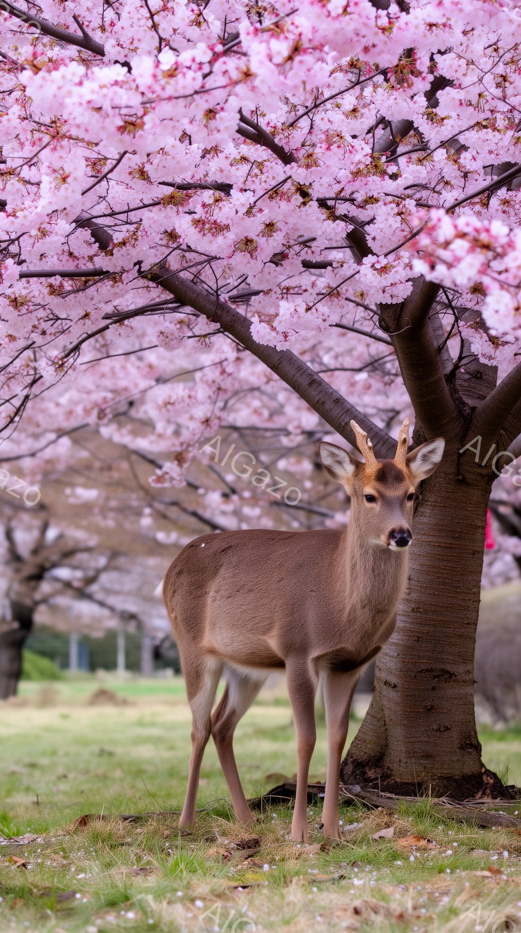 桜の木の下に一匹の鹿が立っている。背景にはピンク色の桜の花びらが咲き乱れ、春の穏やかな雰囲気を醸し出している。鹿はカメラに向かって凛々しく佇み、静かで平和な光景が印象的だ。 - AI生成フリー素材