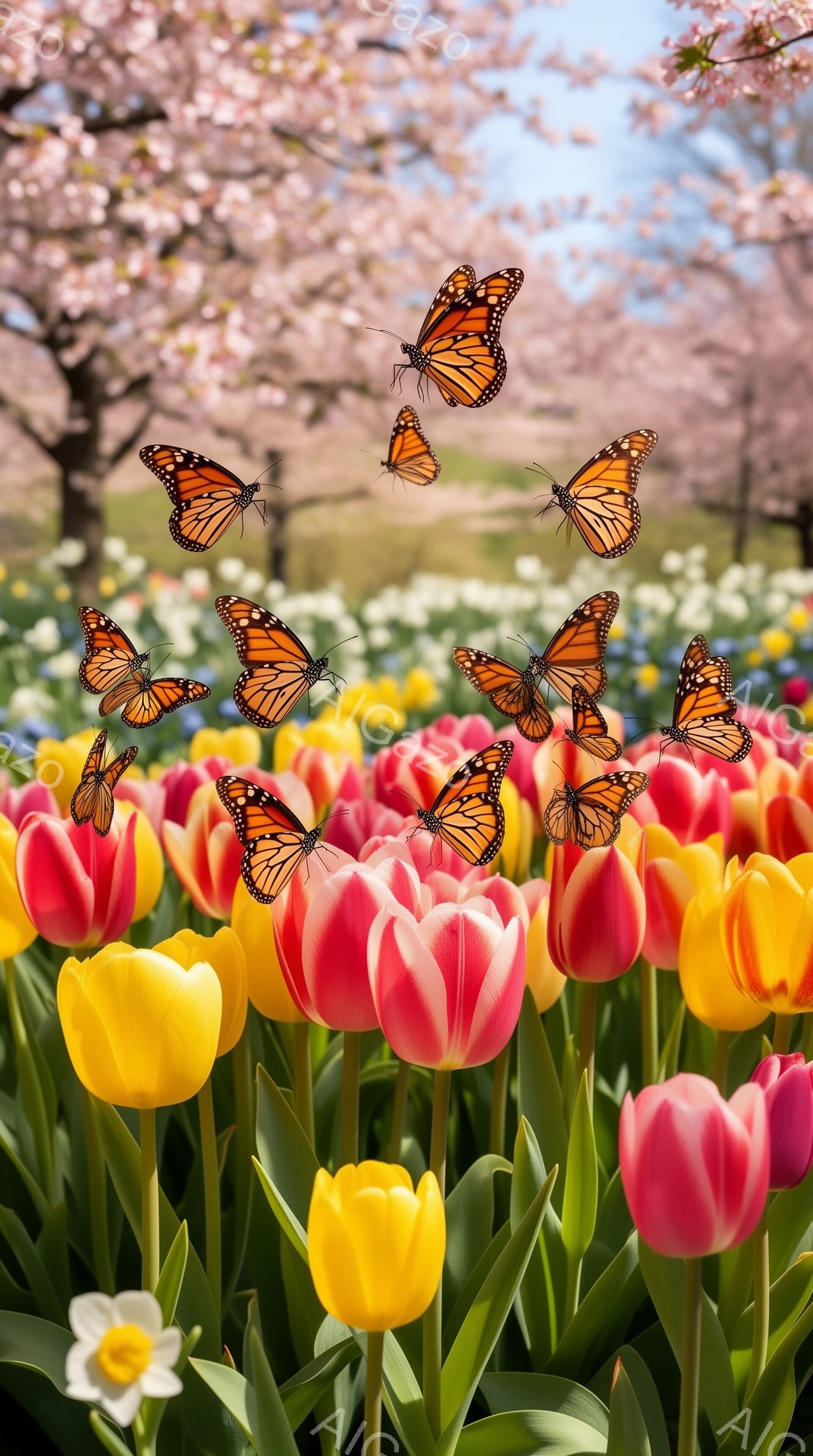 チューリップ畑の中で、たくさんの蝶が飛び交っています。背景には桜の木が見え、春の暖かく穏やかな雰囲気が伝わってきます。明るい色彩と柔らかな光が、美しい風景を作り出しています。 - AI生成フリー素材