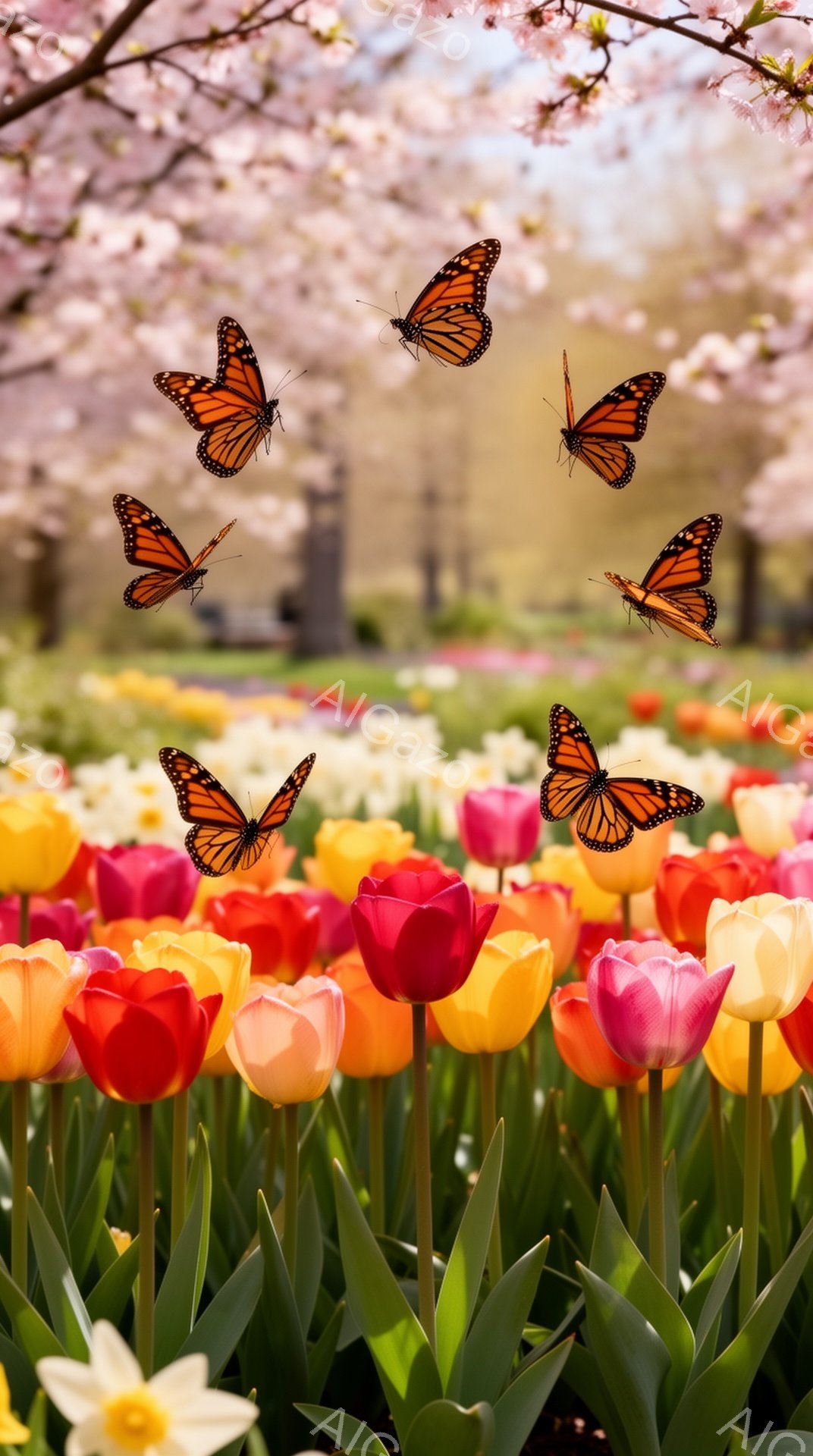 チューリップと菜の花が咲き乱れる花壇を、オレンジ色の蝶が舞っている。背景には桜の木が見え、春の暖かさと生命力を感じさせる。鮮やかな色彩と蝶の躍動感が、見る人に幸福感を与える風景だ。