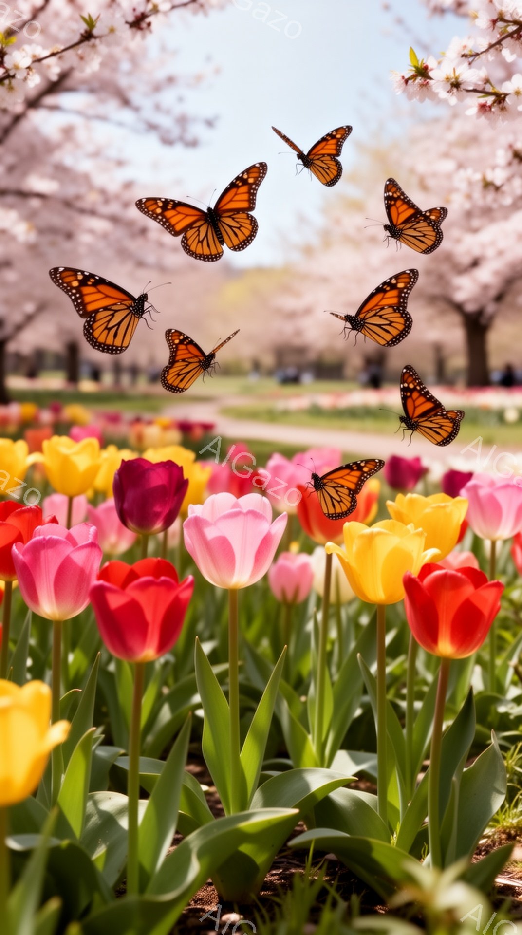 色とりどりのチューリップが咲き乱れる中で、オレンジ色の蝶が舞っている。背景には桜並木がぼやけて写っており、春の穏やかな雰囲気が漂っている。鮮やかな色彩と躍動感のある蝶が、美しい春の景色をさらに引き立て - AI生成フリー素材