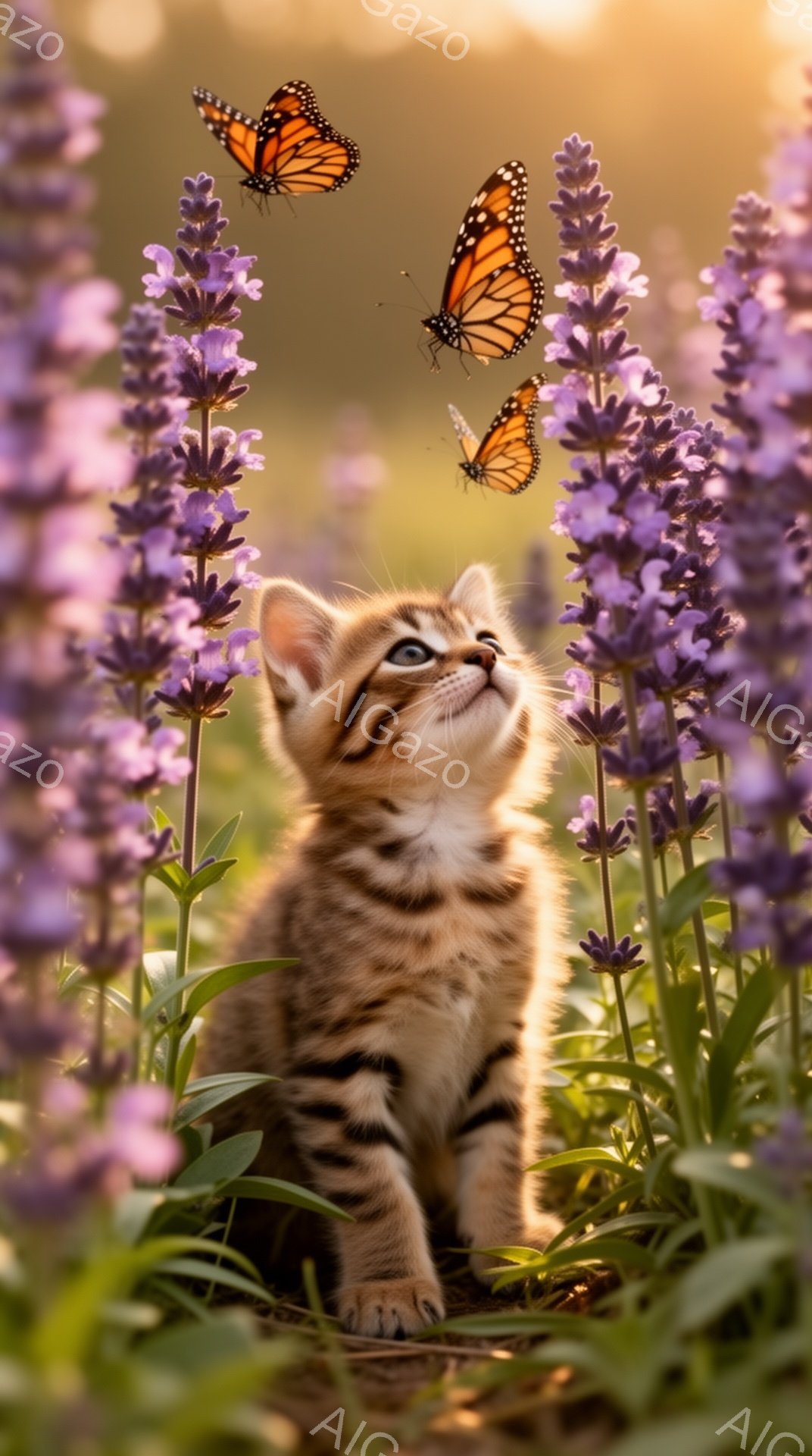 小さな子猫が紫色の花畑の中で蝶を追いかけている。日差しが暖かく、背景はぼやけており、柔らかい雰囲気を作り出している。子猫の表情は好奇心に満ち溢れ、遊び心に溢れている。 - AI生成フリー素材