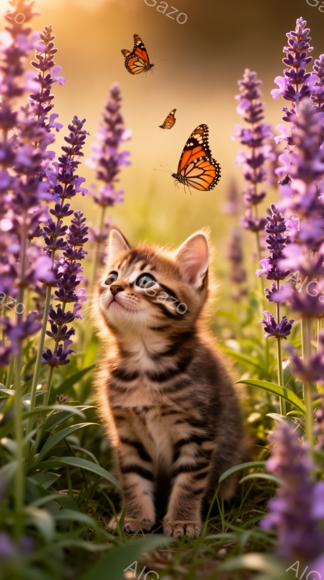 小さな縞模様の子猫がラベンダー畑の中で、2匹の蝶を見上げています。子猫は好奇心に満ちた表情で、蝶を追いかけようとしているようです。背景は柔らかい光に包まれ、穏やかで夢幻的な雰囲気が漂っています。