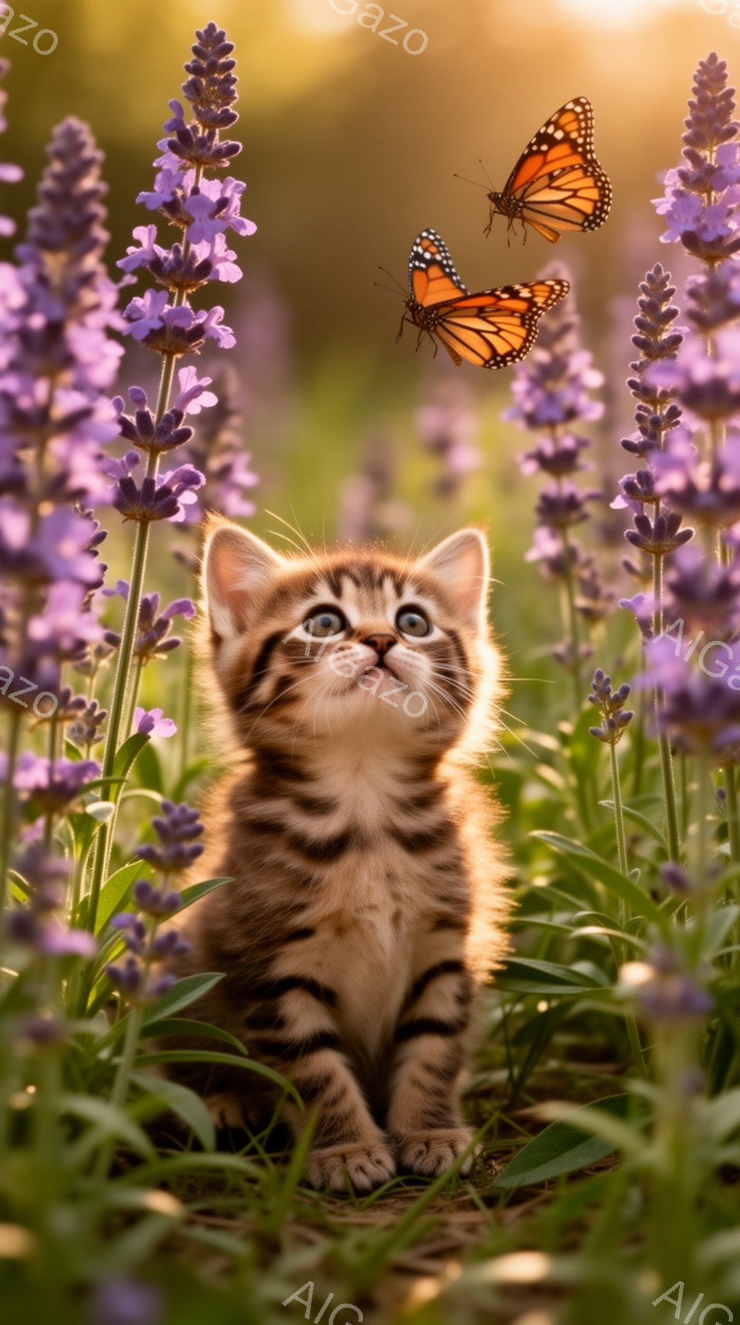 小さなトラ柄の子猫が紫色の花畑の中で、蝶を追いかけて見上げています。柔らかい光が差し込み、背景の花々がぼかされていて、暖かく夢幻的な雰囲気を醸し出しています。子猫の好奇心旺盛な表情と、蝶の鮮やかな色彩が印象的です。