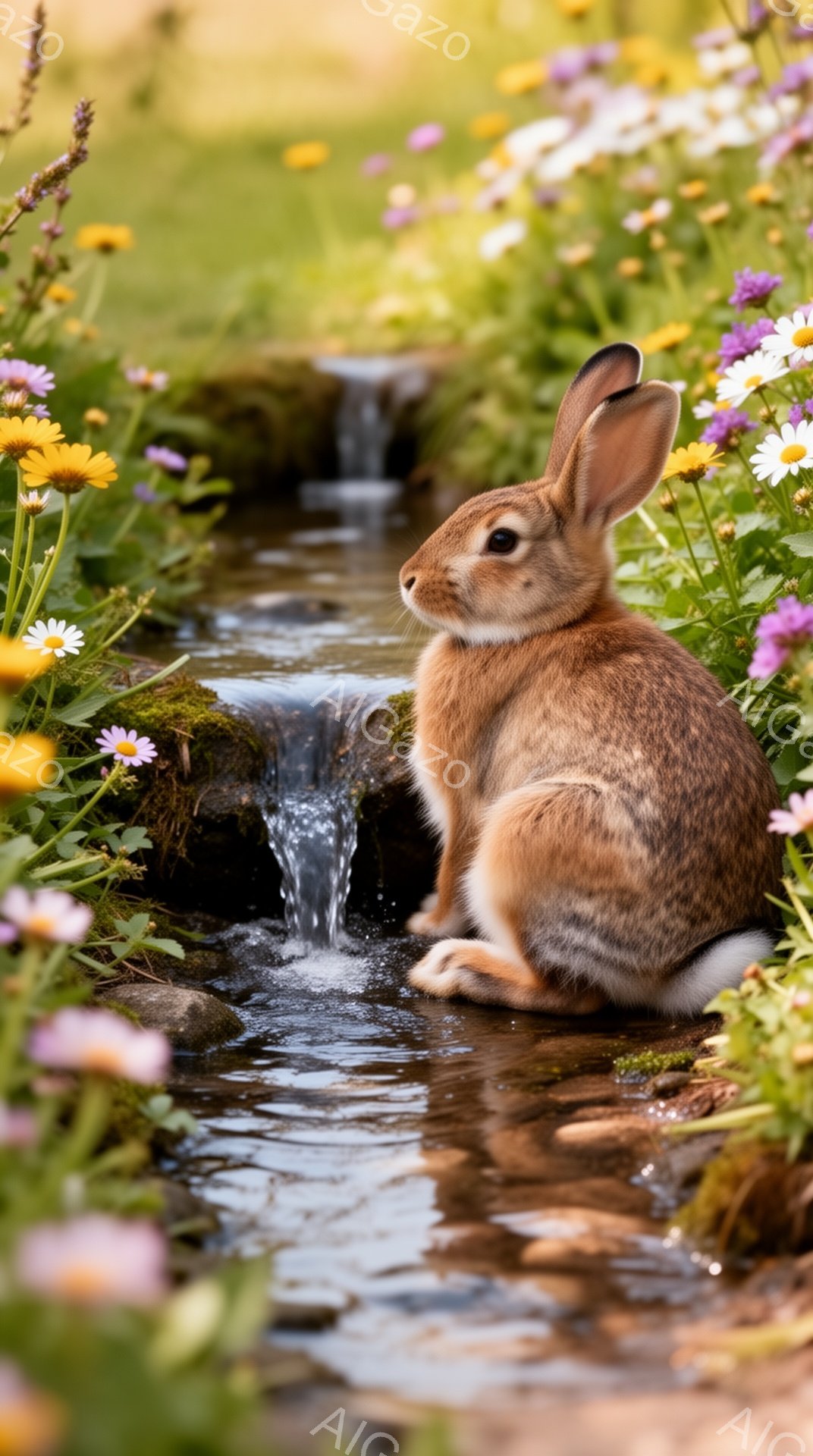 可愛らしい茶色のウサギが、緑豊かな草地の小さな流れのそばに座っています。鮮やかな野花が周りを彩り、穏やかで平和な雰囲気を醸し出しています。水面にはウサギと花が映り込み、自然の美しさを強調しています。