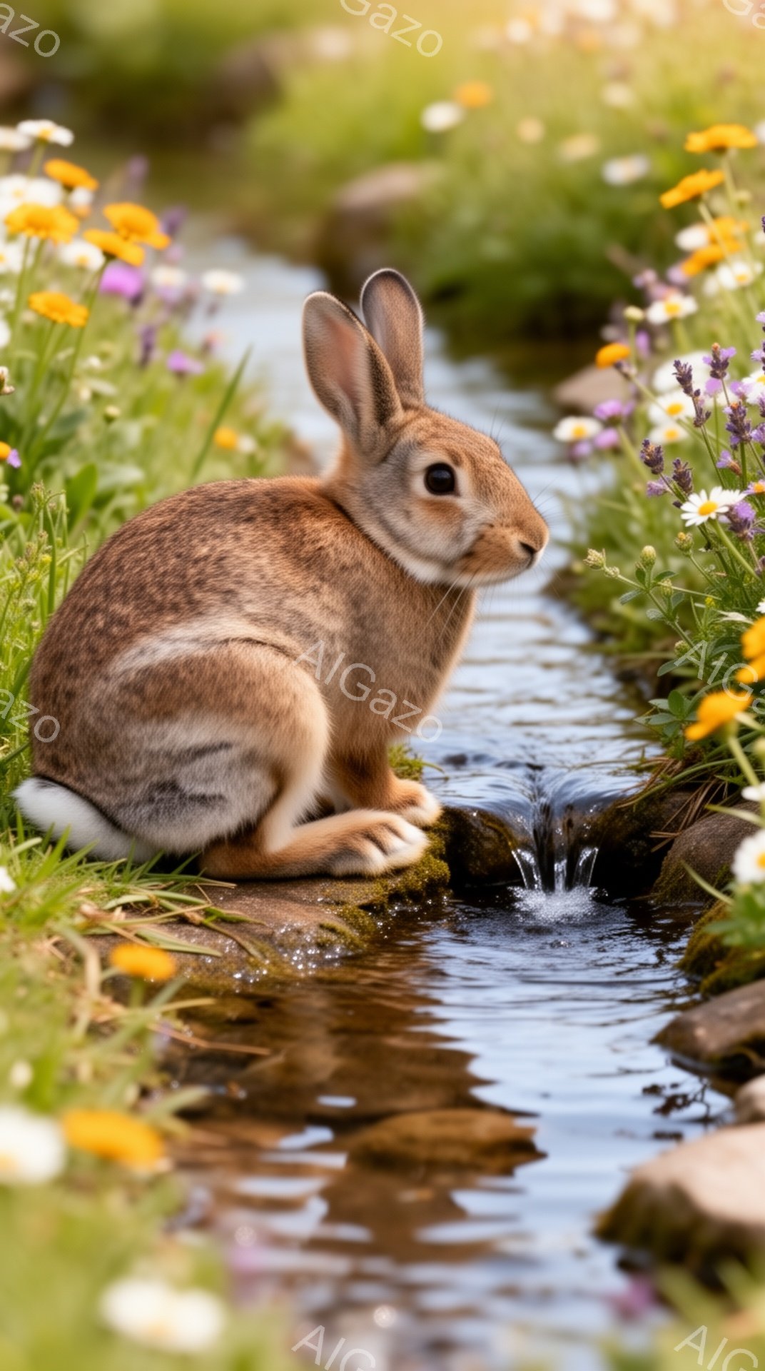 明るい日差しの中、茶色のウサギが小川のほとりで水を飲んでいます。ウサギはリラックスした姿勢で、周囲の鮮やかな花々が春の穏やかな雰囲気を醸し出しています。水面にはウサギの姿が映り込み、自然の美しさを強調 - AI生成フリー素材