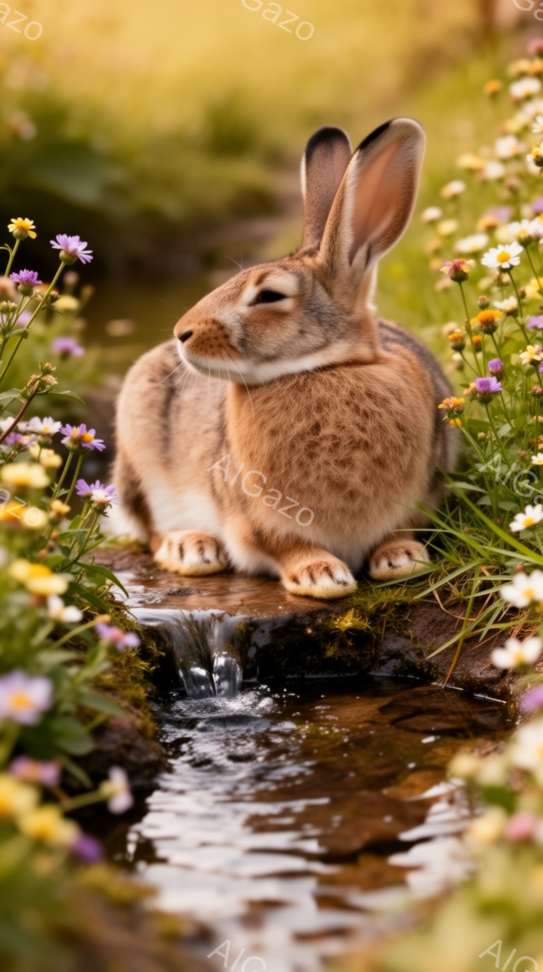 鮮やかな野原で、茶色のウサギが岩の上に座っています。小さな小川がウサギの足元を流れ、周囲には紫と黄色の花々が咲き乱れています。穏やかな光が降り注ぎ、静かで牧歌的な雰囲気です。 - AI生成フリー素材