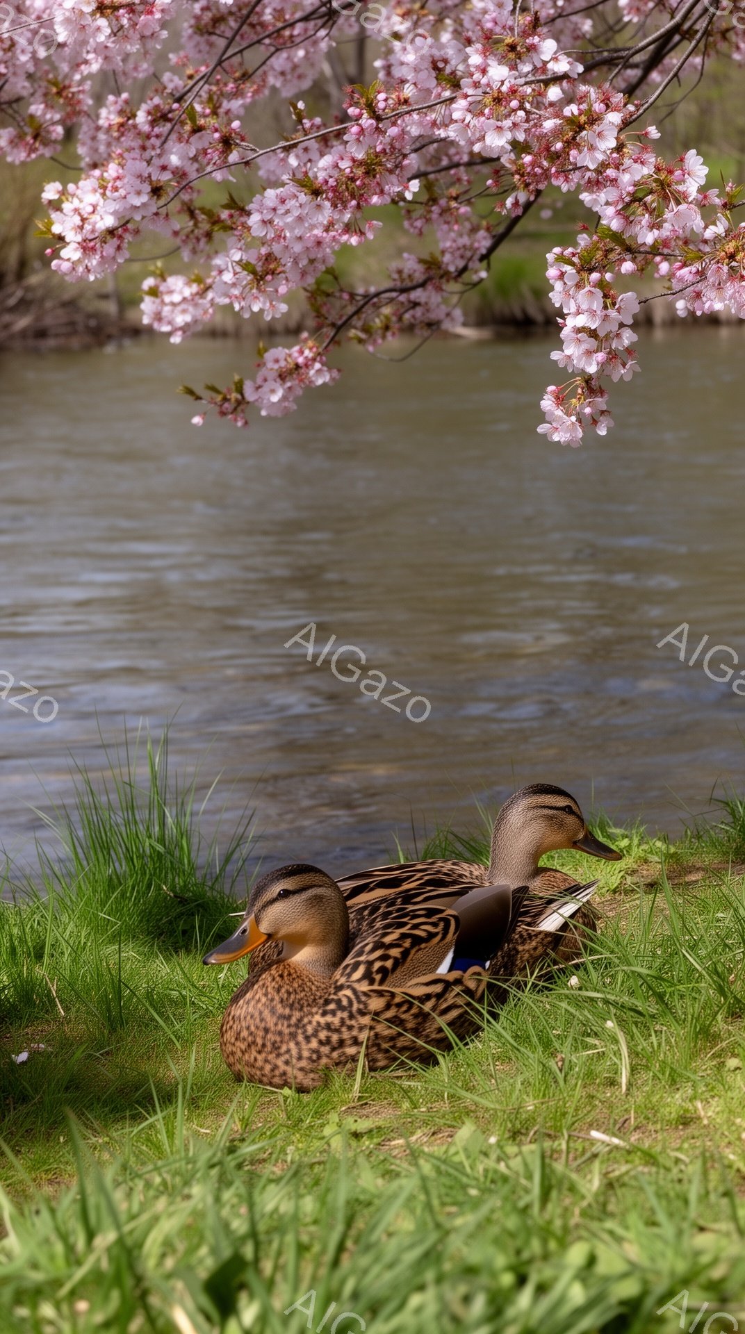 緑の草むらに2羽のアヒルが並んで休んでいる。背景には穏やかな水面と桜の枝が咲き誇り、春の優しい光が降り注いでいる。平和で穏やかな情景が印象的だ。 - AI生成フリー素材