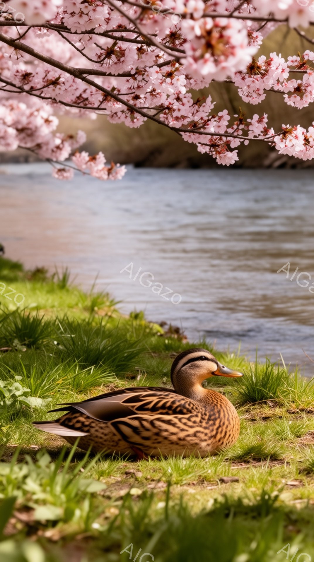 桜の木の下で、緑の草の上にアヒルが休んでいます。水面は穏やかで、春の暖かさと安らぎを感じさせます。背景にはぼやけた水辺の景色が広がっています。