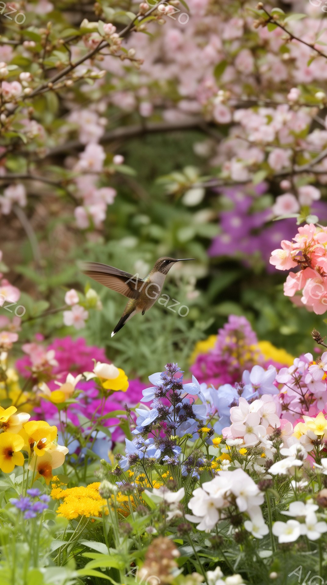 色とりどりの花々が咲き乱れる花壇の中で、ハチドリが羽を震わせて花の蜜を吸っています。背景はぼやけており、春の暖かく穏やかな雰囲気が伝わってきます。花の色とハチドリの鮮やかな姿が調和し、美しい瞬間を捉え - AI生成フリー素材