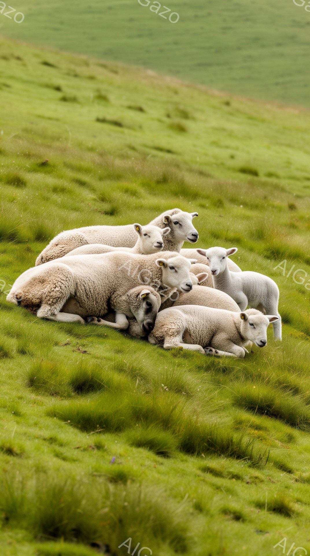 緑の草原にヒツジが寄り添って横たわっています。ヒツジたちは穏やかな表情でリラックスしており、暖かい日差しの中でくつろいでいる様子がうかがえます。背景には緑の丘が広がり、平和で穏やかな雰囲気が漂っています。