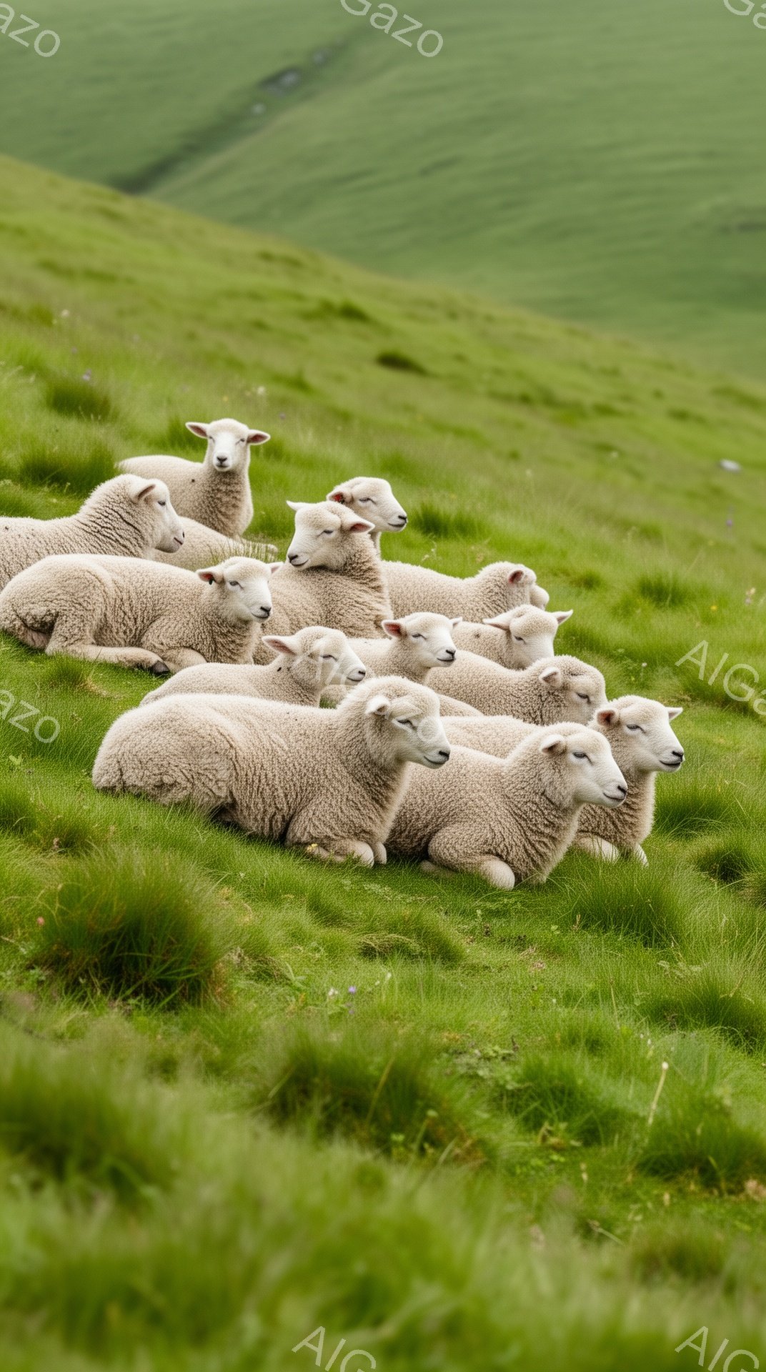 緑豊かな丘に、たくさんのヒツジが横たわって休息しています。ヒツジたちは穏やかな表情で、のどかな風景の中でリラックスした時間を過ごしているようです。背景にはさらに広がる緑の丘が続き、平和な田園風景が広がっています。