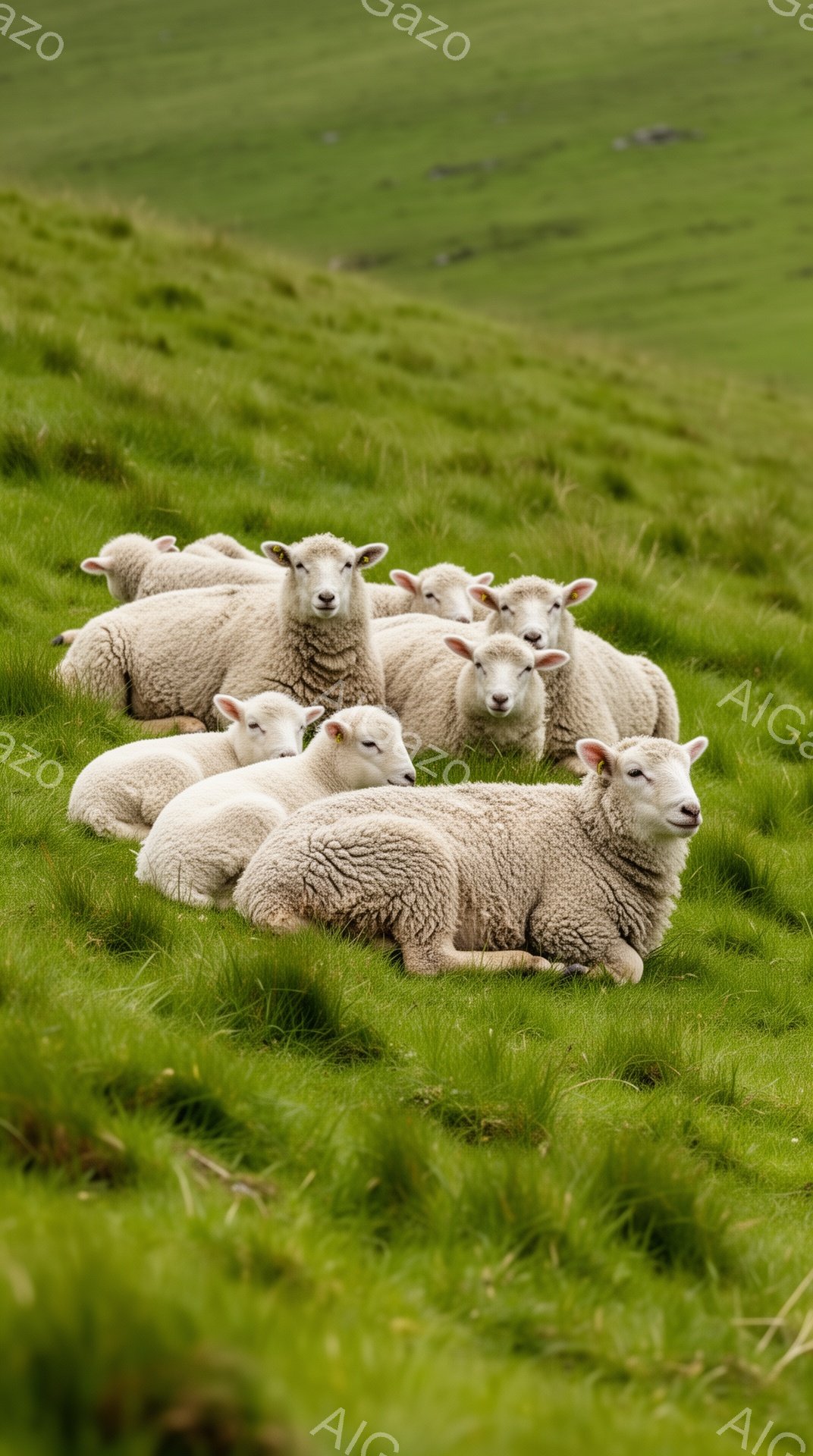 緑の丘にヒツジたちが集まり、リラックスしてくつろいでいる。毛並みの白いヒツジたちは、穏やかな表情で周囲を見渡している。背景は鮮やかな緑色で、平和で穏やかな雰囲気が漂っている。