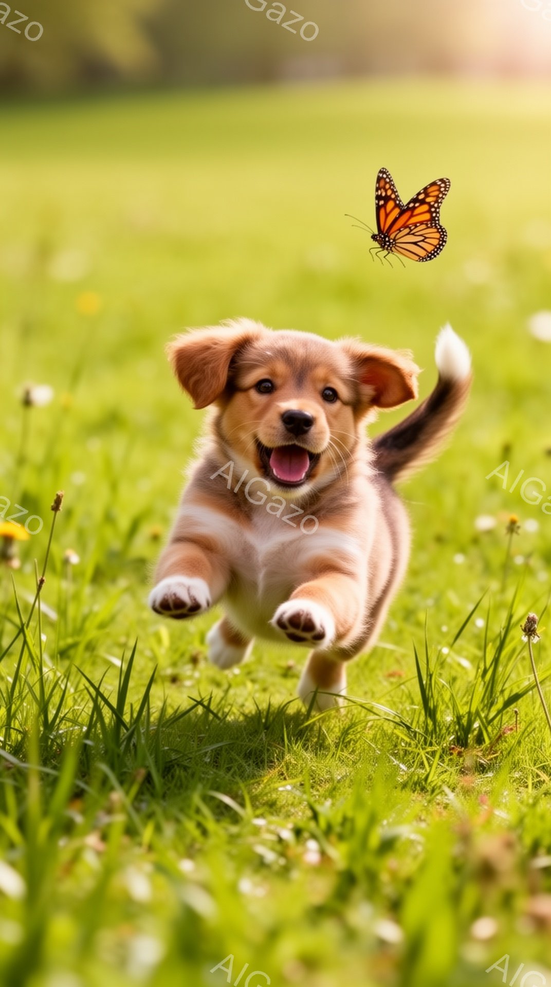 広々とした緑の草原を、小さな茶色のパピーが楽しそうに駆けている。蝶がパピーの頭上に舞っており、その可愛らしい姿は春の暖かさを感じさせる。背景には柔らかい光が差し込み、穏やかな雰囲気が漂っている。