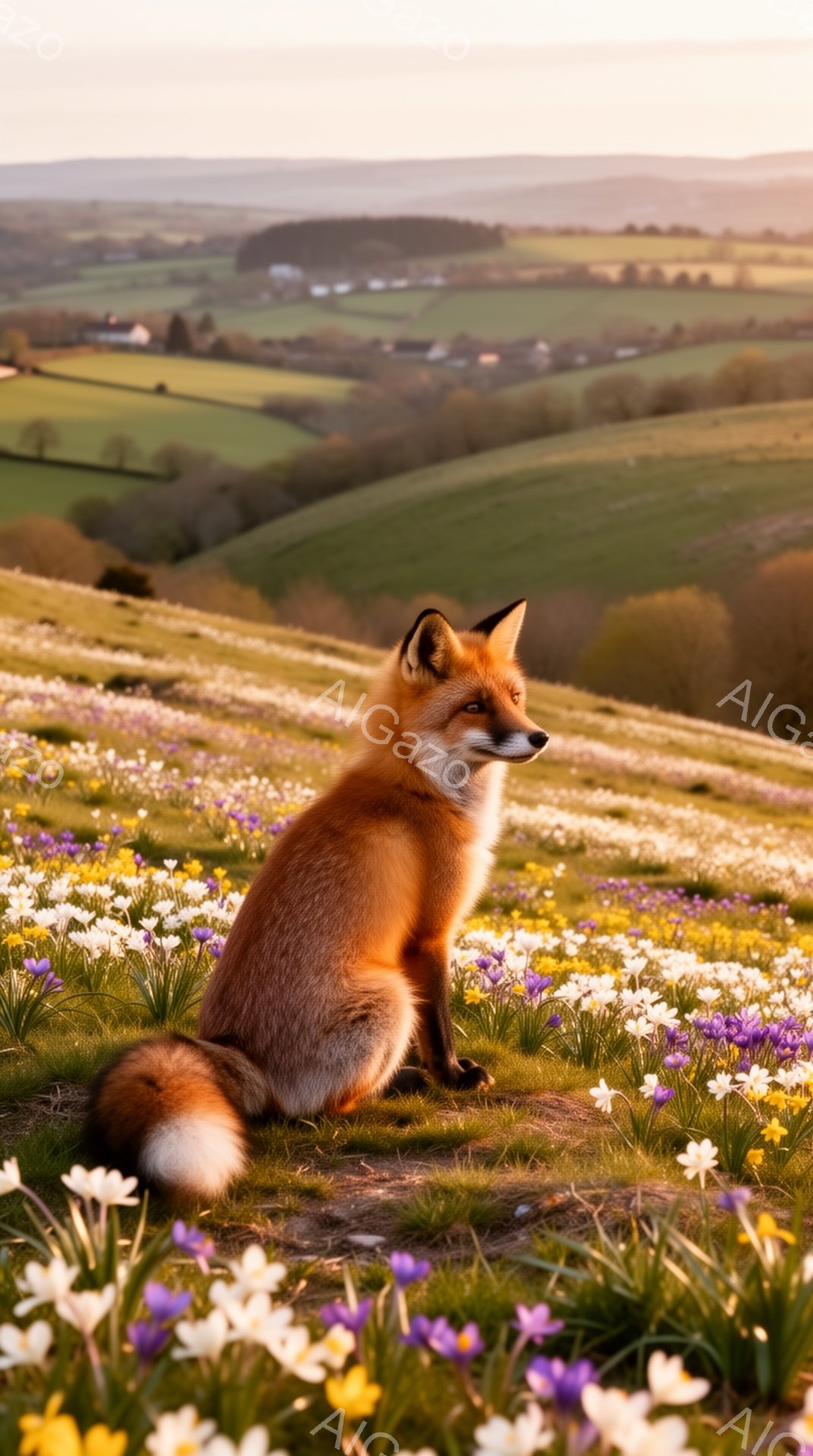緑豊かな丘に、美しい毛並みのキツネが座っています。周囲には白い花や紫色の花が咲き乱れ、背景には穏やかな丘陵地帯が広がっています。夕暮れ時の柔らかな光が、キツネと花々を優しく照らし出しています。 - AI生成フリー素材