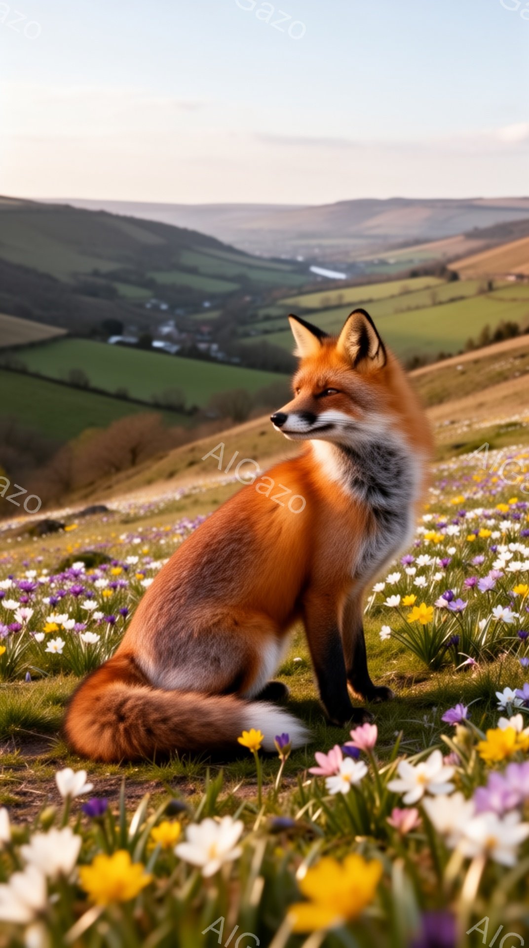 美しいキツネが、一面に咲き誇る花々の中に座っています。背景には緑の丘が広がり、穏やかで平和な雰囲気を醸し出しています。暖かく鮮やかな色彩が、春の訪れを感じさせます。 - AI生成フリー素材