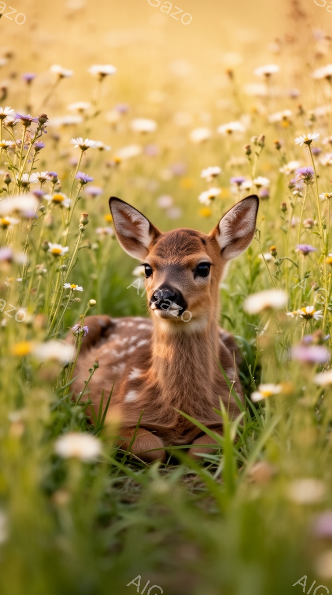 緑豊かな草花の中に、子鹿が横たわっています。柔らかい光が差し込み、穏やかで牧歌的な雰囲気です。子鹿は好奇心旺盛な表情でカメラを見ています。