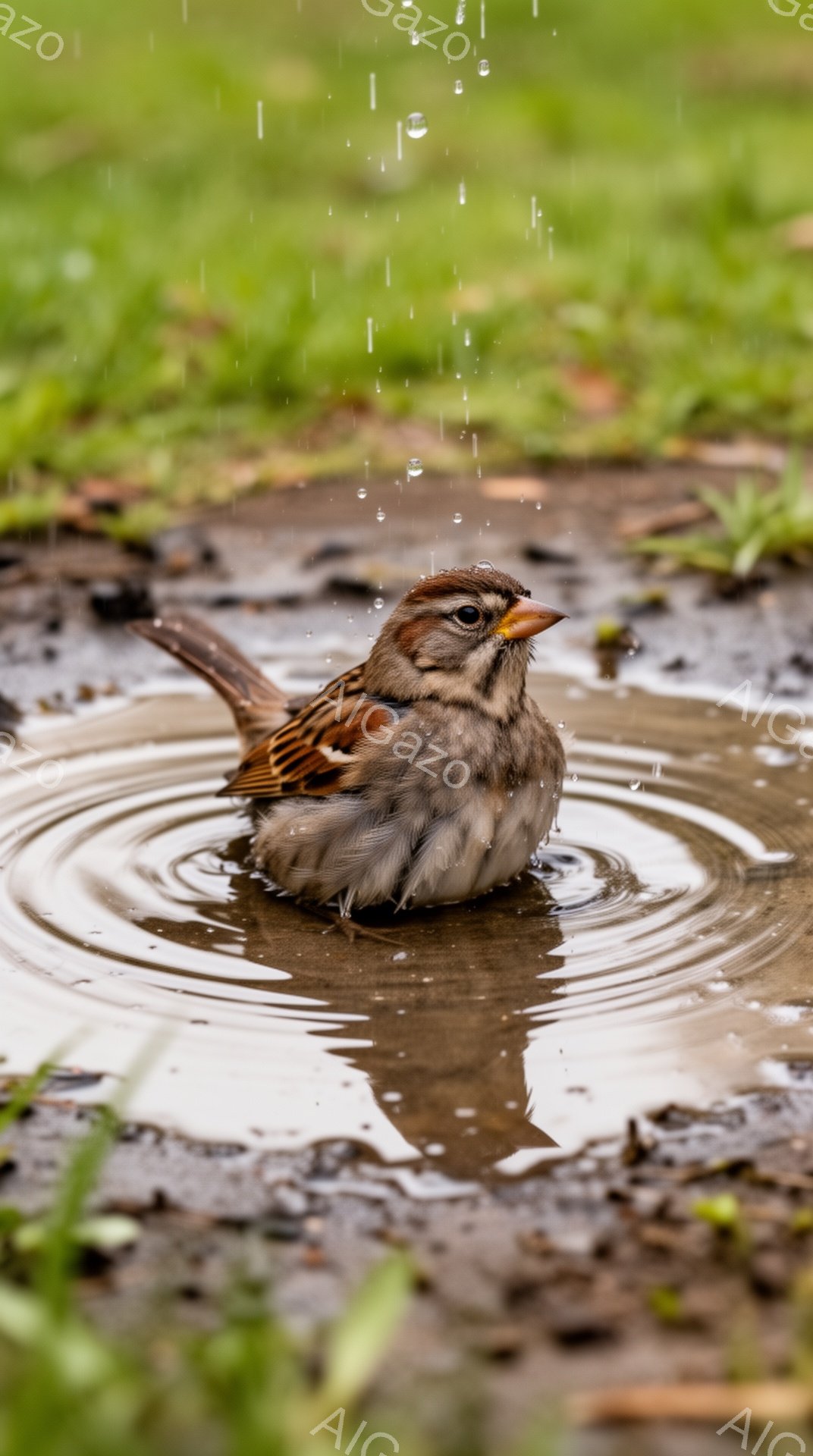 雨の中、泥水の中にいる小さなスズメが写っています。スズメは羽を濡らし、少し寒そうに丸まって座っています。周りには雨の雫が写り込み、憂鬱な雰囲気を醸し出しています。