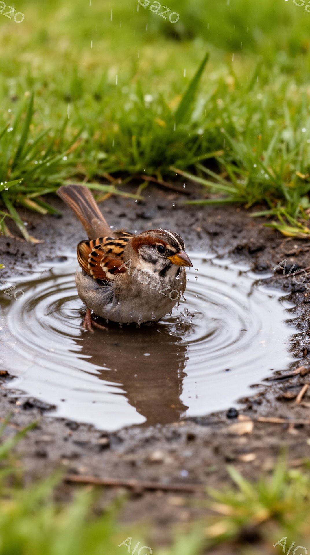 一羽のスズメが水たまりで水浴びをしている。緑の草の上に泥だらけの水たまりがあり、その中でスズメは体を震わせながら羽を濡らしている。雨が降り、しっとりとした雰囲気が漂っている。 - AI生成フリー素材