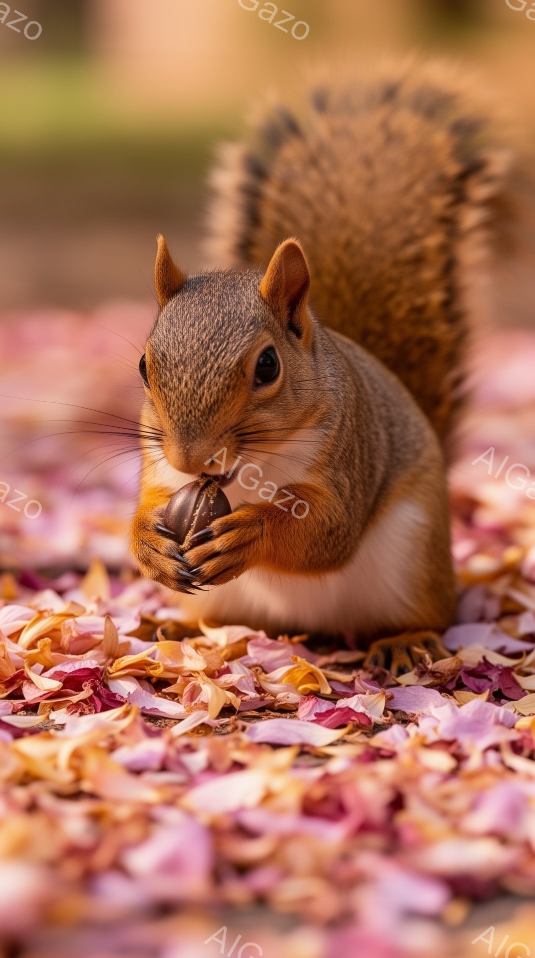 リスが地面に散らばった花びらの上に座り、小さな木の実を手に持っています。その毛並みは暖かく、背景の花びらとのコントラストが美しいです。春の穏やかな一日を象徴する、可愛らしい光景です。